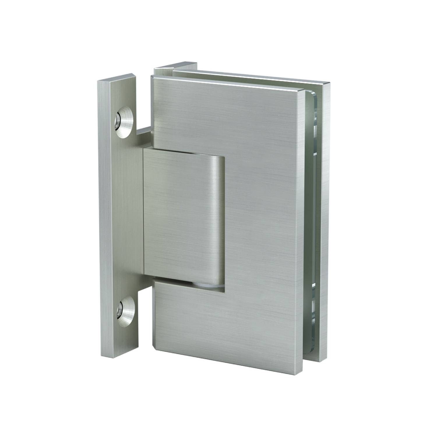 The Wall-to-Glass “H” Back Malibu Hinge in Brushed Nickel.