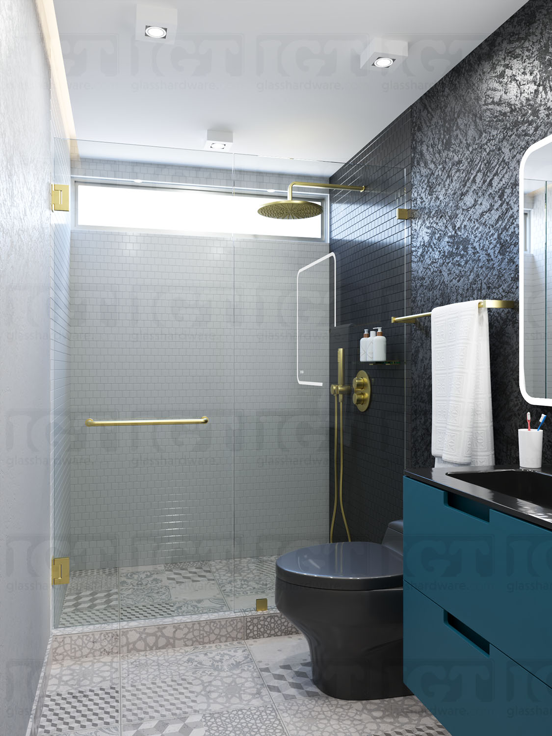A modern shower door installation using two Wall-to-Glass Offset Back Malibu Hinges. Gold Brushed.