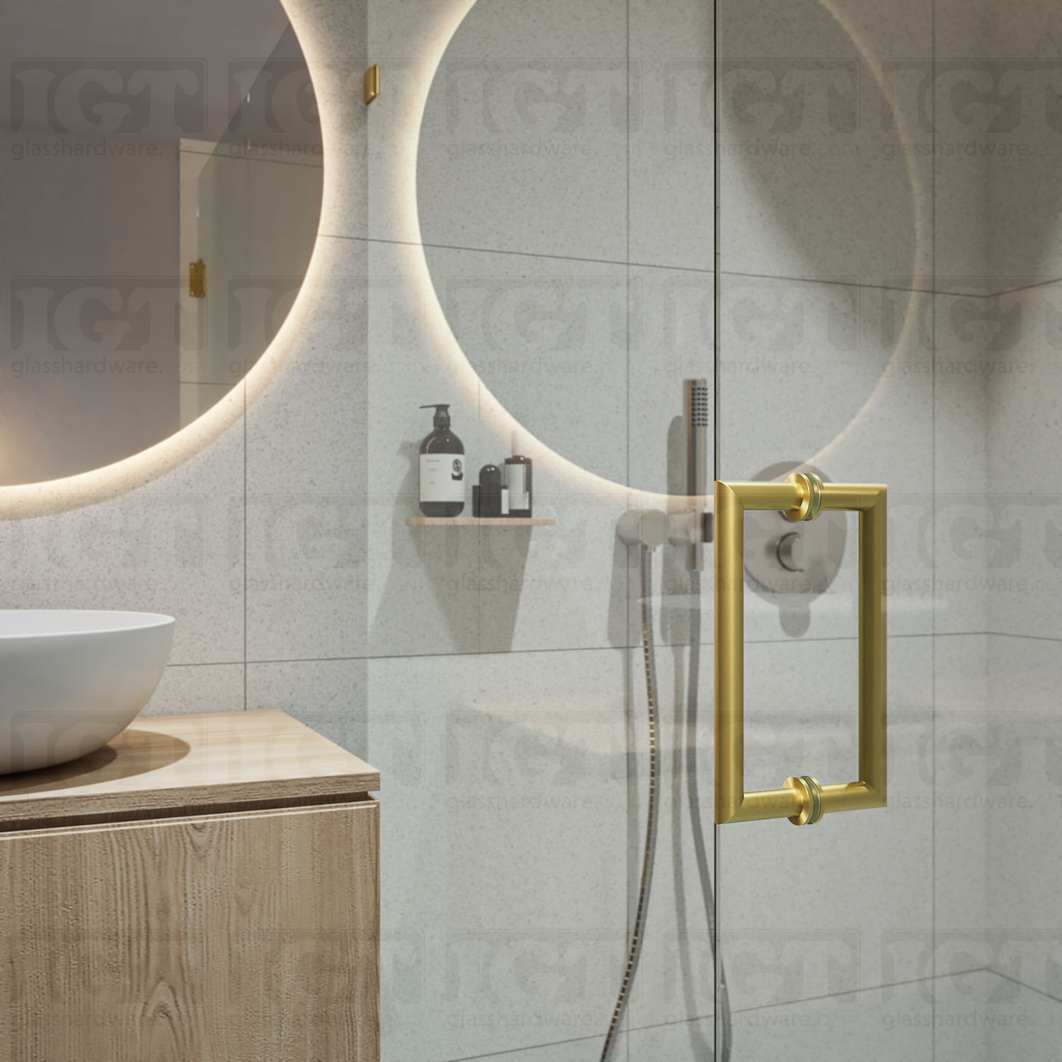 A close-up of the 8" Mitered Corner Pull Handle installed on a frameless glass shower door, Gold Brushed.