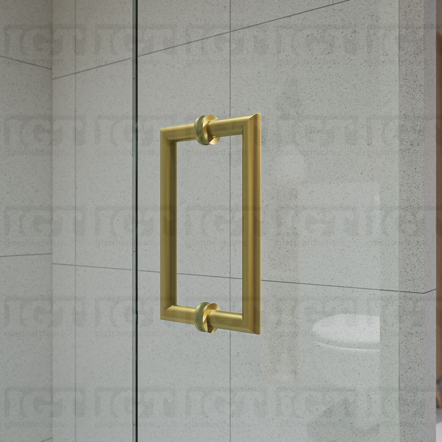 Another close-up of the 8" Mitered Corner Pull Handle installed on a frameless glass shower door, showing the Gold Brushed finish in more detail.