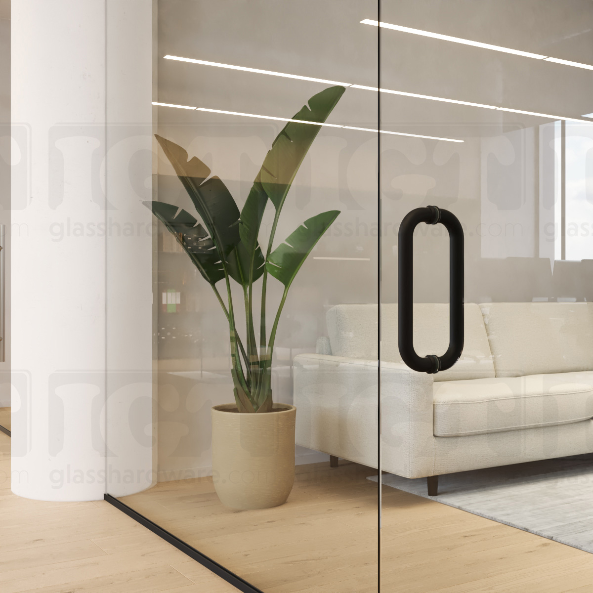 A close-up of the 12-inch Back-to-Back Round Pull Handle in Matte Black, installed on a commercial glass door.