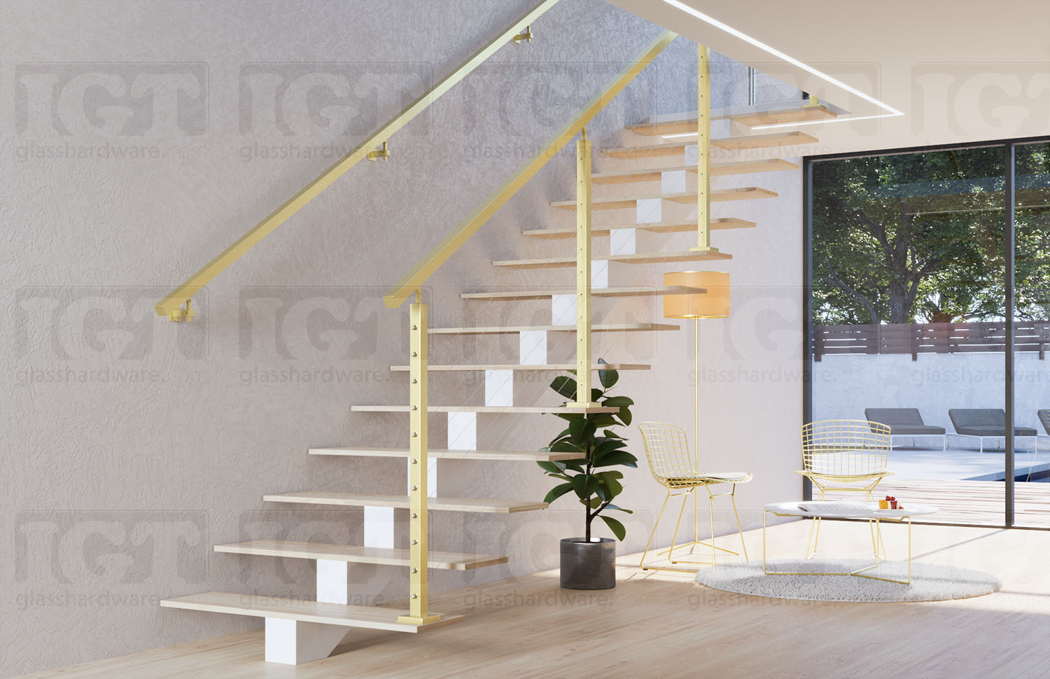 Square Wall Mount Adjustable Hand Rail Bracket - Gold Brushed - Image 2