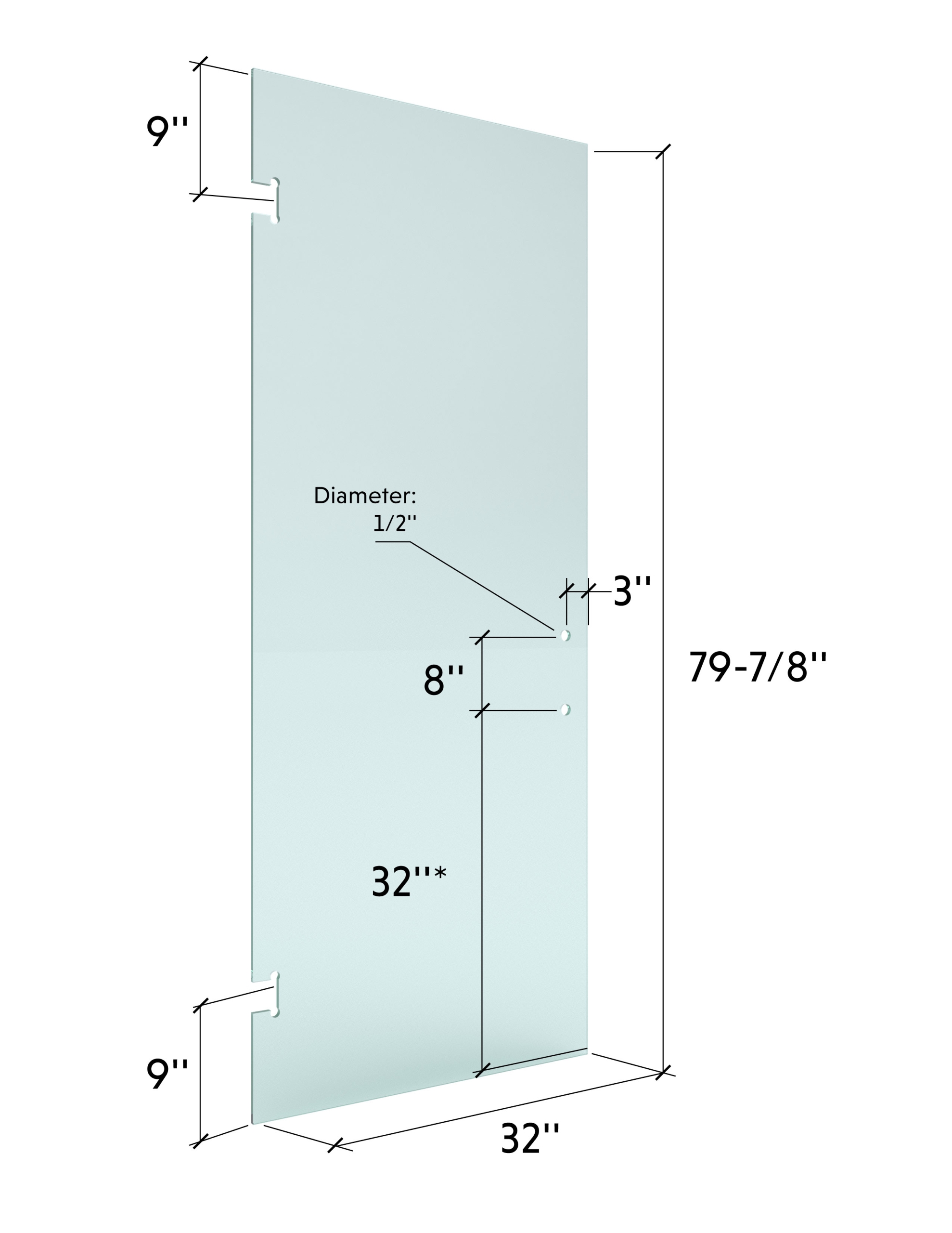 32" x 79-5/8" (8"Pull) 3/8" Shower Door Clr. Tempered Glass - (Heavy Duty Hinge Cutout)
