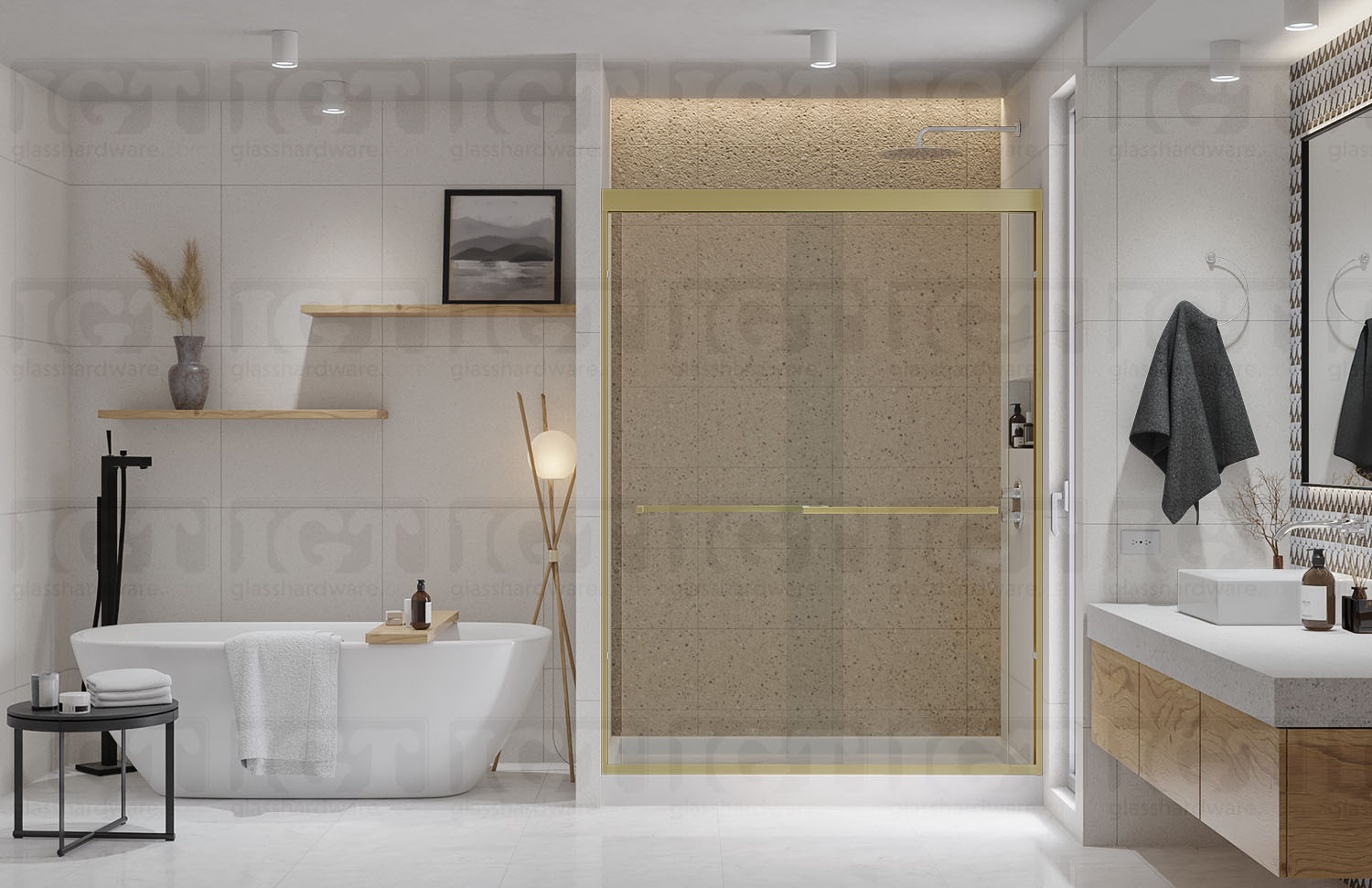 62"W x 76"H Bypass Sliding System - Gold Brushed - Image 2