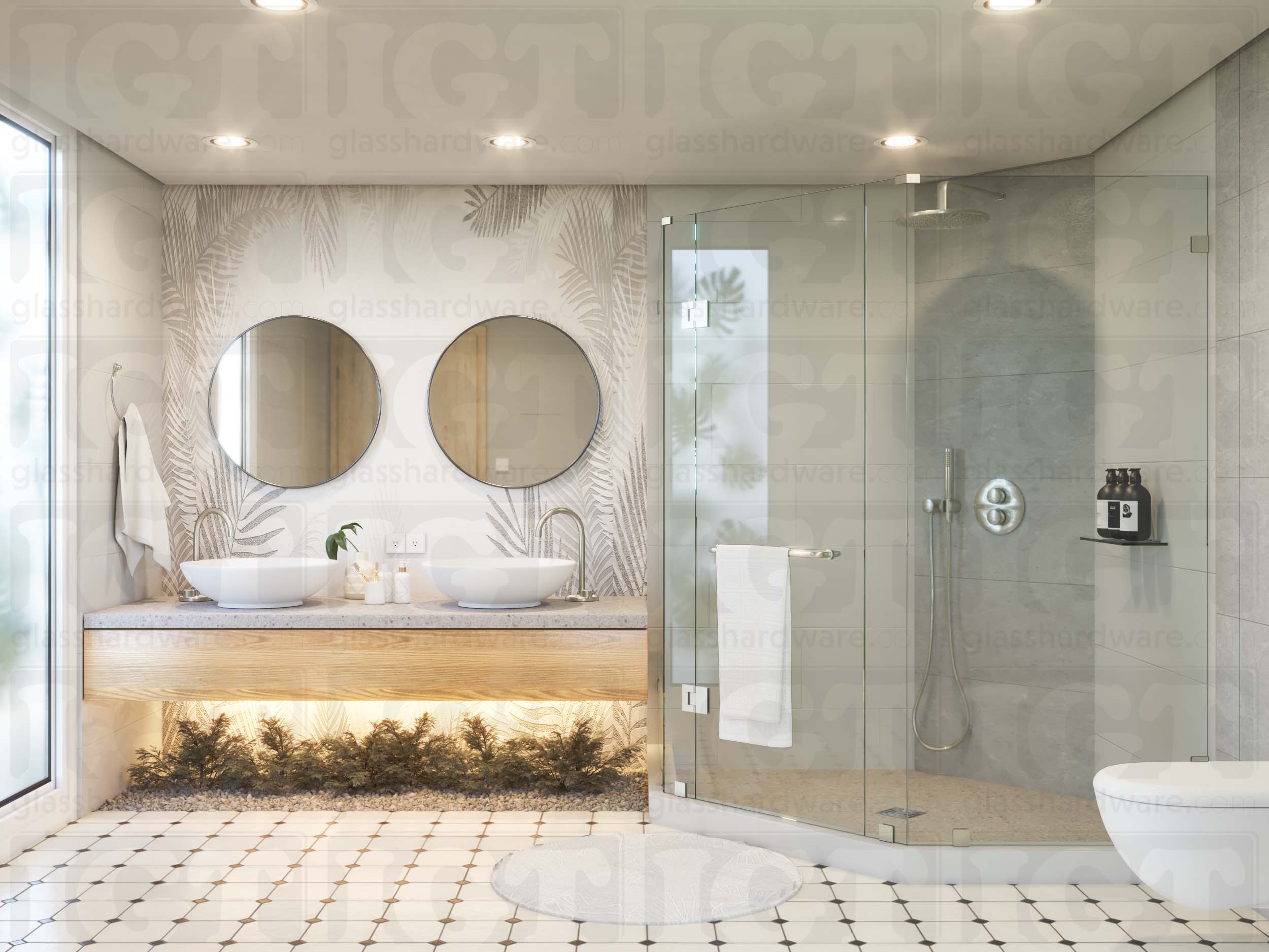 A modern bathroom featuring a neo angle glass shower enclosure, using two Glass-to-Glass 135 Degree Sleeve Over Clamps. Brushed Nickel.