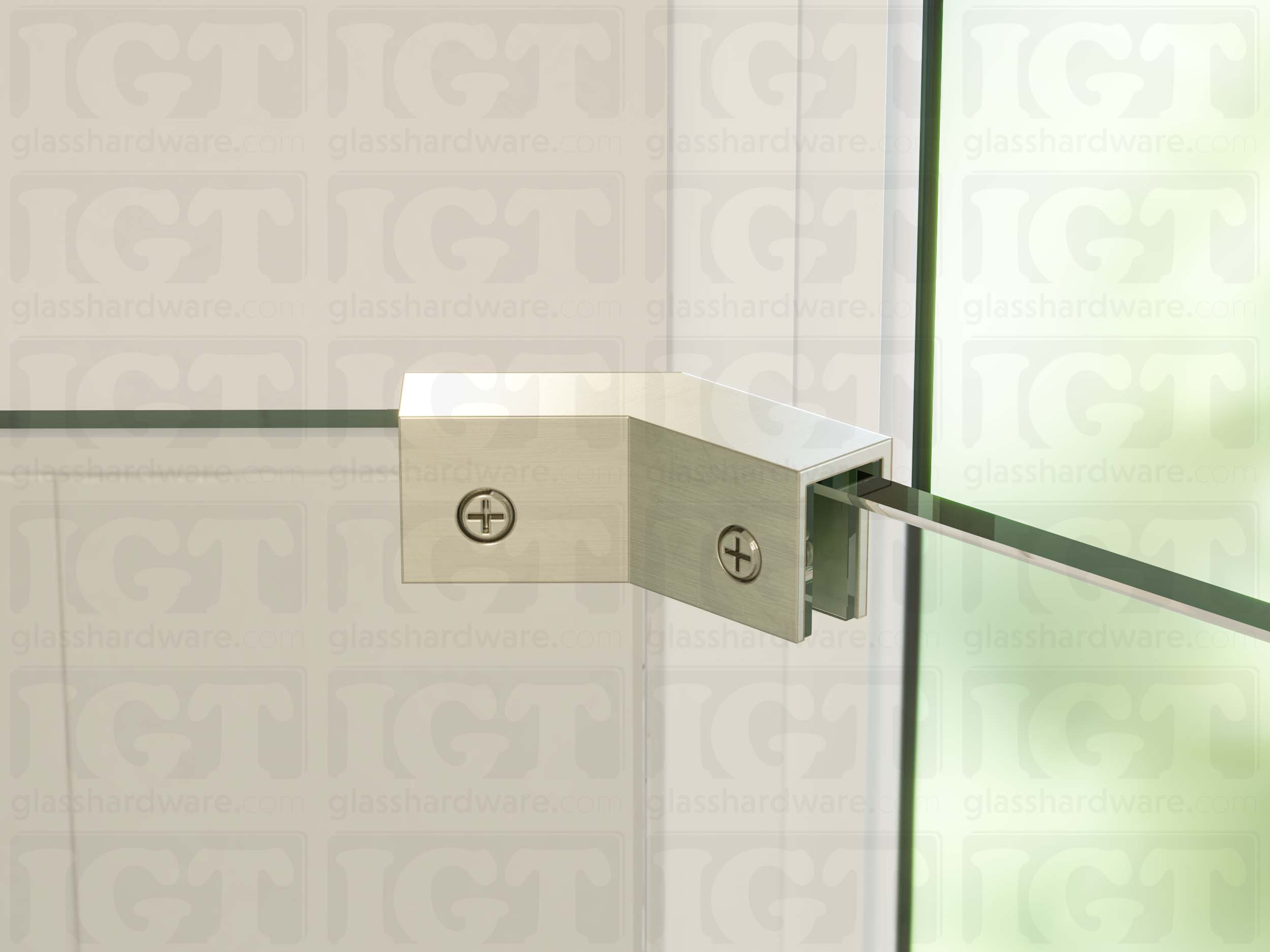 A close up view of the Glass-to-Glass 135 Degree Sleeve Over Clamp installed between two panels at an angle. The clamp's screws grip the glass firmly and add additional stability. Brushed Nickel.