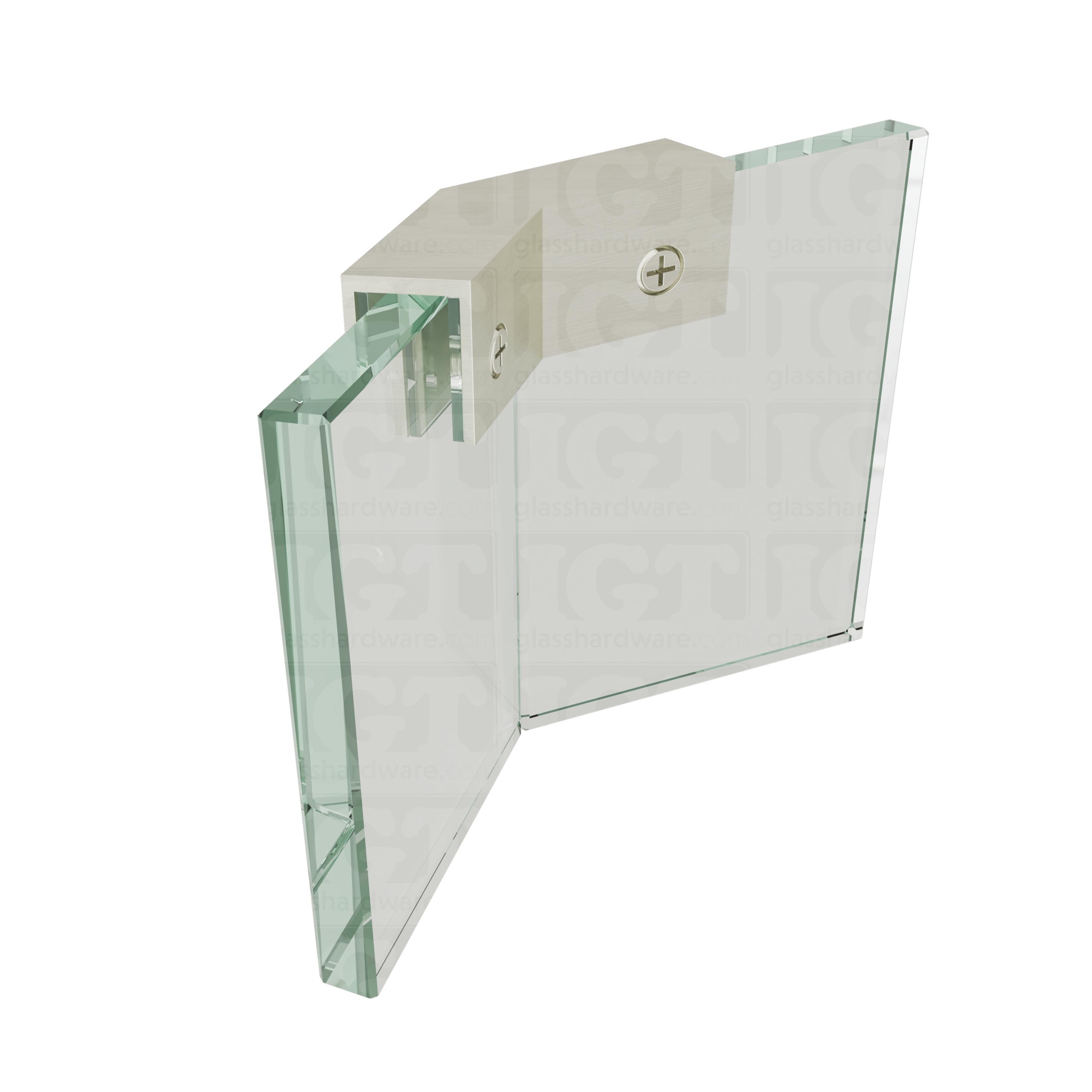The Glass-to-Glass 135 Degree Sleeve Over Clamp installed between two panels meeting at an angle. Brushed Nickel.
