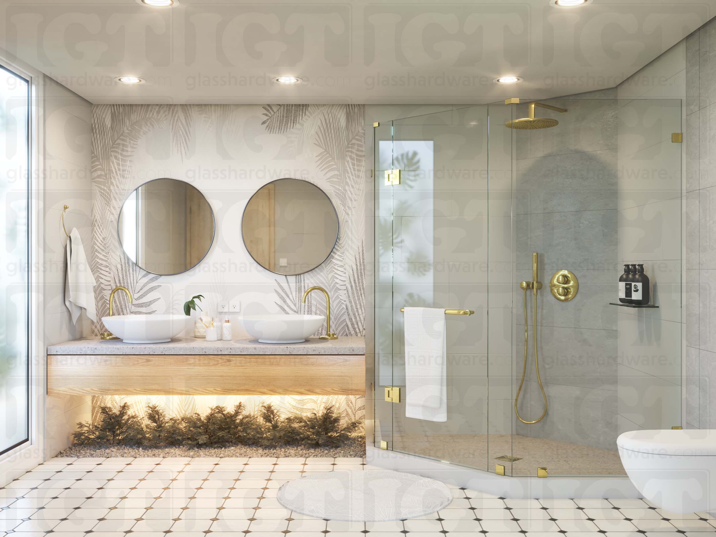 A modern bathroom featuring a neo angle glass shower enclosure, using two Glass-to-Glass 135 Degree Sleeve Over Clamps. Polished Brass.