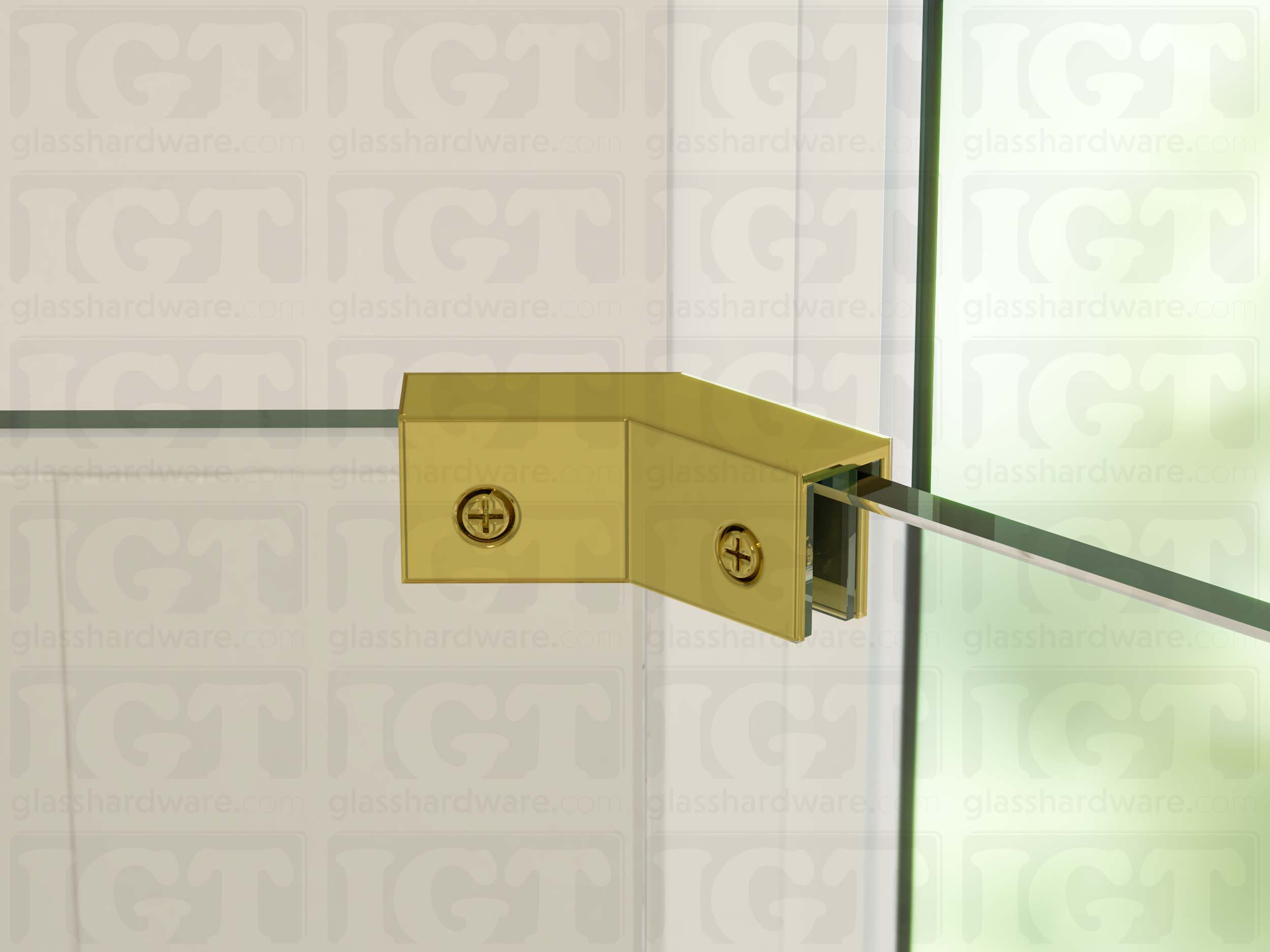 A close up view of the Glass-to-Glass 135 Degree Sleeve Over Clamp installed between two panels at an angle. The clamp's screws grip the glass firmly and add additional stability. Polished Brass.