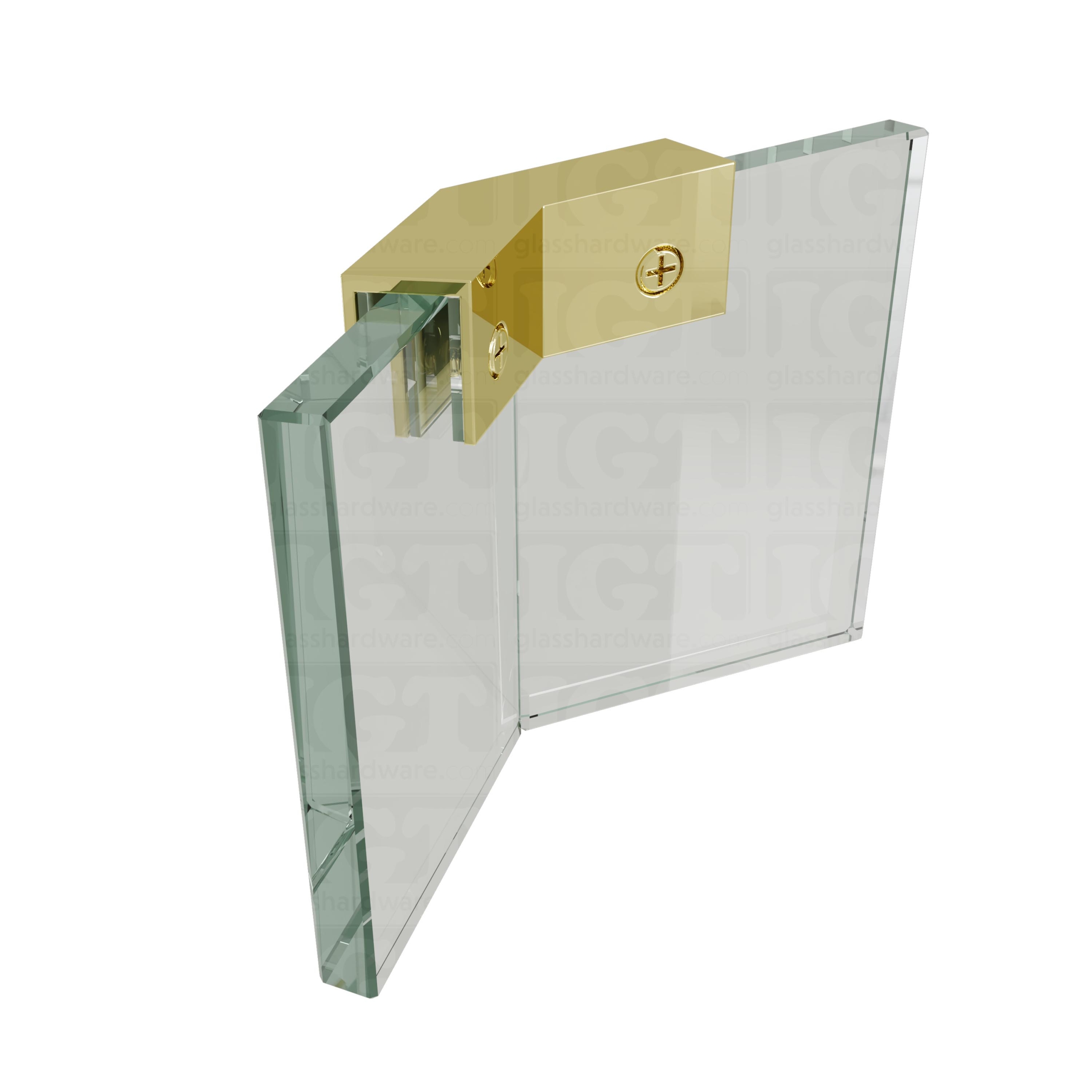 The Glass-to-Glass 135 Degree Sleeve Over Clamp installed between two panels meeting at an angle. Polished Brass.