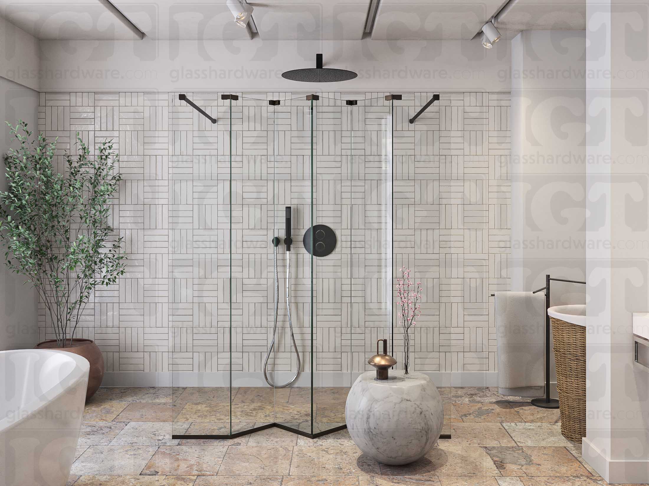 A modern bathroom featuring a doorless glass shower enclosure, using various Glass-to-Glass Adjustable Sleeve Over Clamps to hold the panels together. Oil Rubbed Bronze.