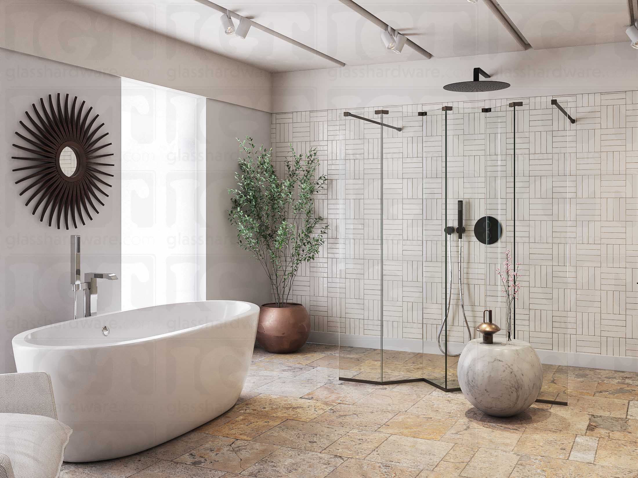 A modern bathroom featuring a doorless glass shower enclosure, using various Glass-to-Glass Adjustable Sleeve Over Clamps to hold the panels together. The image shows the bathrooms earthy design and minimalist furnishing. Oil Rubbed Bronze.