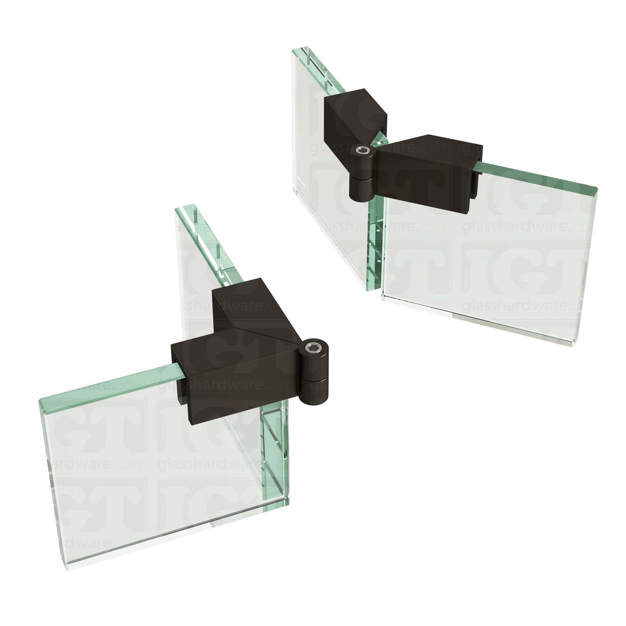 An image of two Glass-to-Glass Adjustable Sleeve Over Clamps holding adjacent glass panels together, one at 90 degrees and the other at 135 degrees. Oil Rubbed Bronze.