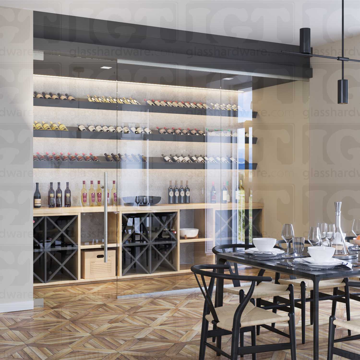 A wine storage room enclosed by a glass door partition with a ladder style handle. Brushed Stainless.