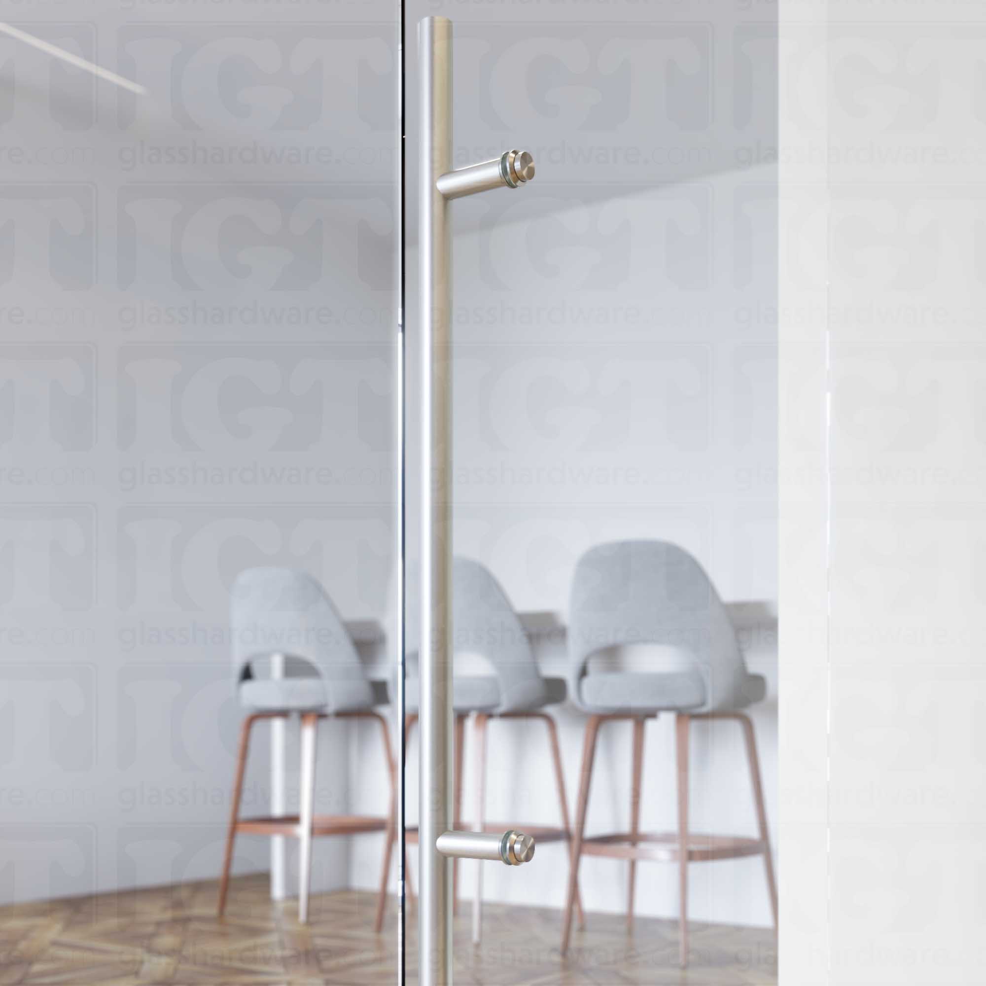 A close up of the Round Commercial Ladder Handle installed using two Cap Fittings on a wine storage glass door. Brushed Stainless.