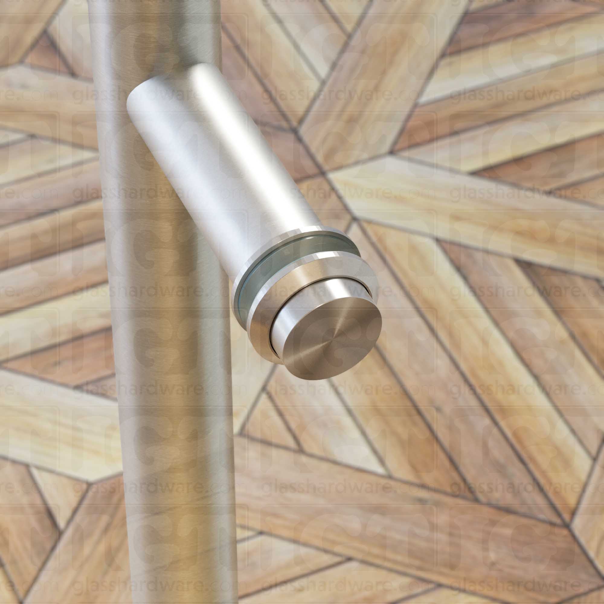 A close up of the Cap Fitting for Round Commercial Ladder Handle installed on a wine storage glass door, showcasing it's 304 Stainless Steel construction. Brushed Stainless.