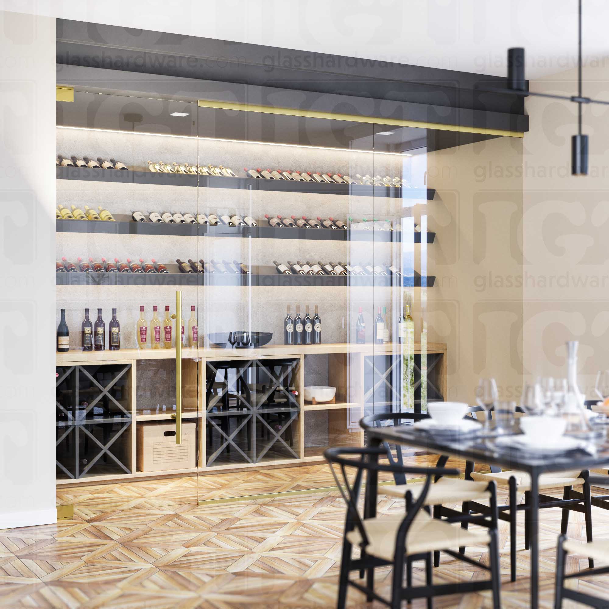A wine storage room enclosed by a glass door partition with a ladder style handle. Gold Brushed.