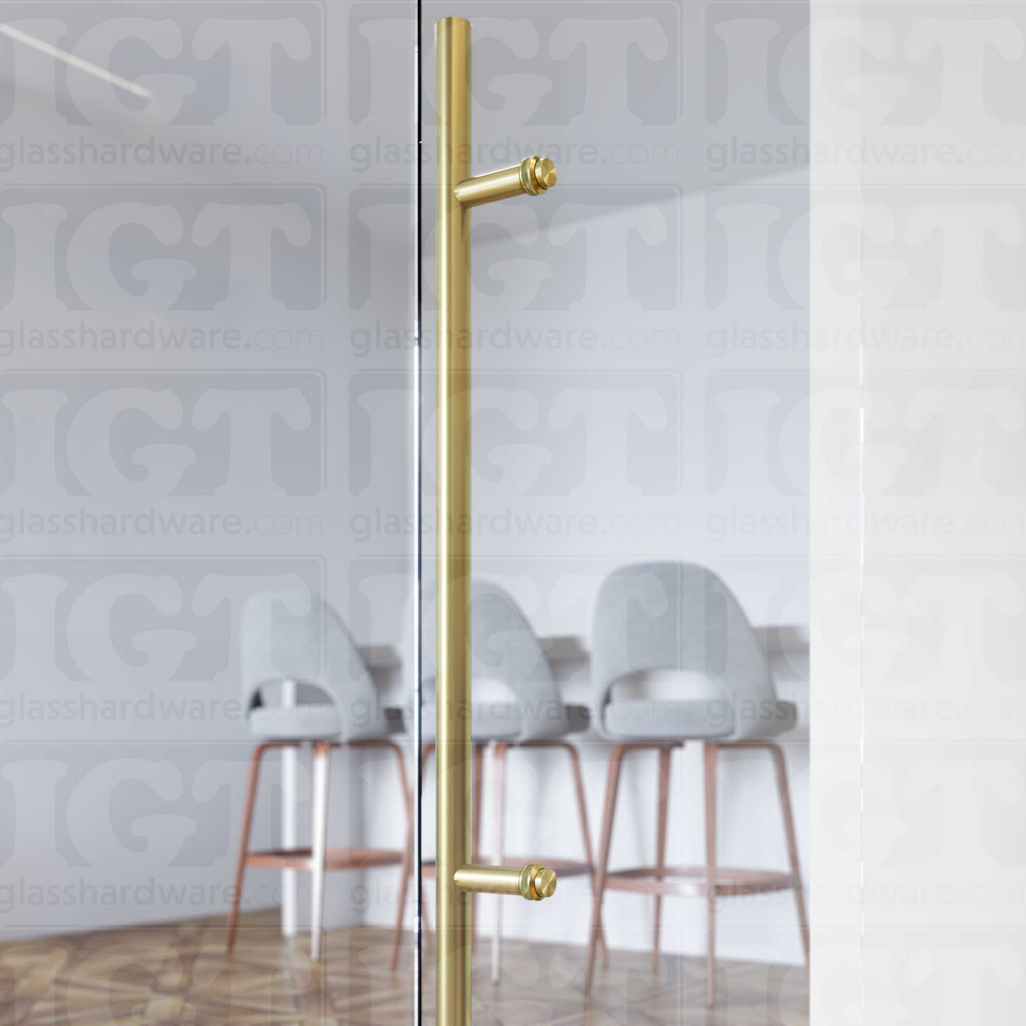 A close up of the Round Commercial Ladder Handle installed using two Cap Fittings on a wine storage glass door. Gold Brushed.