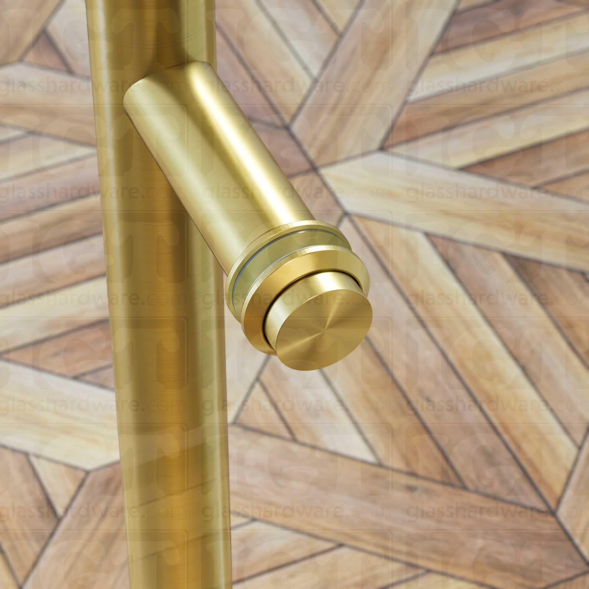 A close up of the Cap Fitting for Round Commercial Ladder Handle installed on a wine storage glass door, showcasing it's 304 Stainless Steel construction. Gold Brushed.