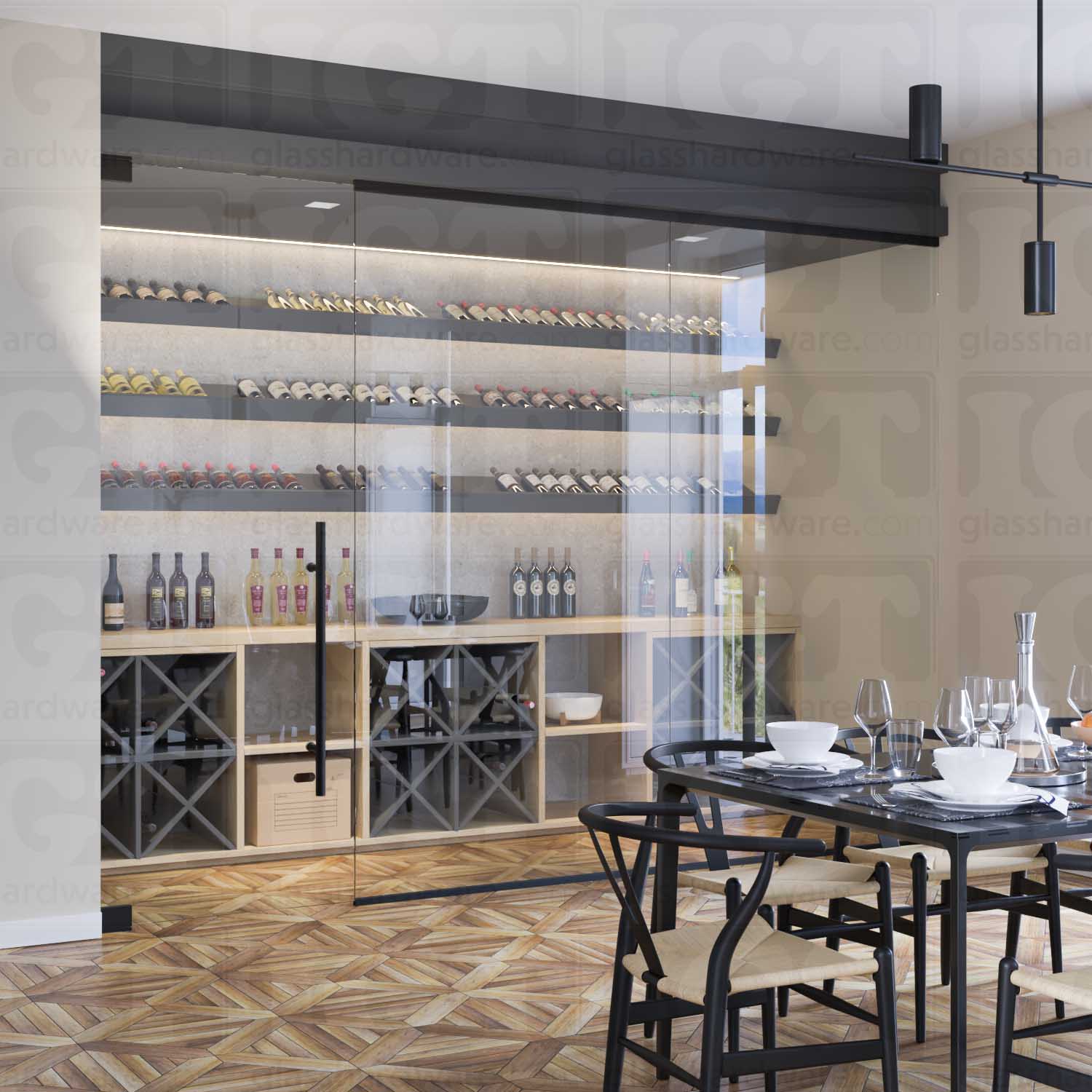 A wine storage room enclosed by a glass door partition with a ladder style handle. Matte Black.
