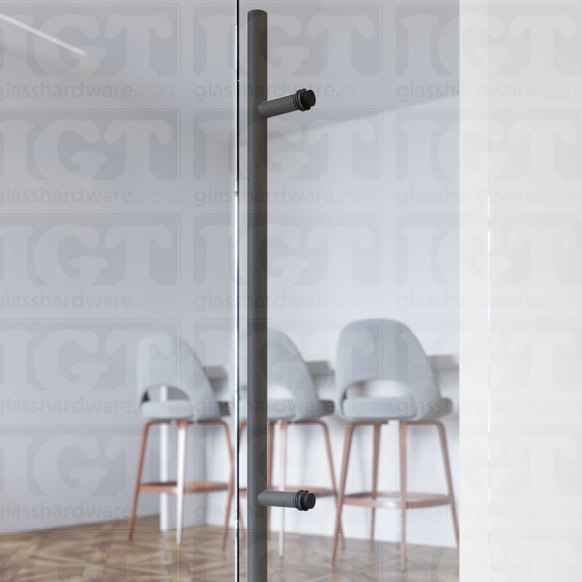 A close up of the Round Commercial Ladder Handle installed using two Cap Fittings on a wine storage glass door. Matte Black.
