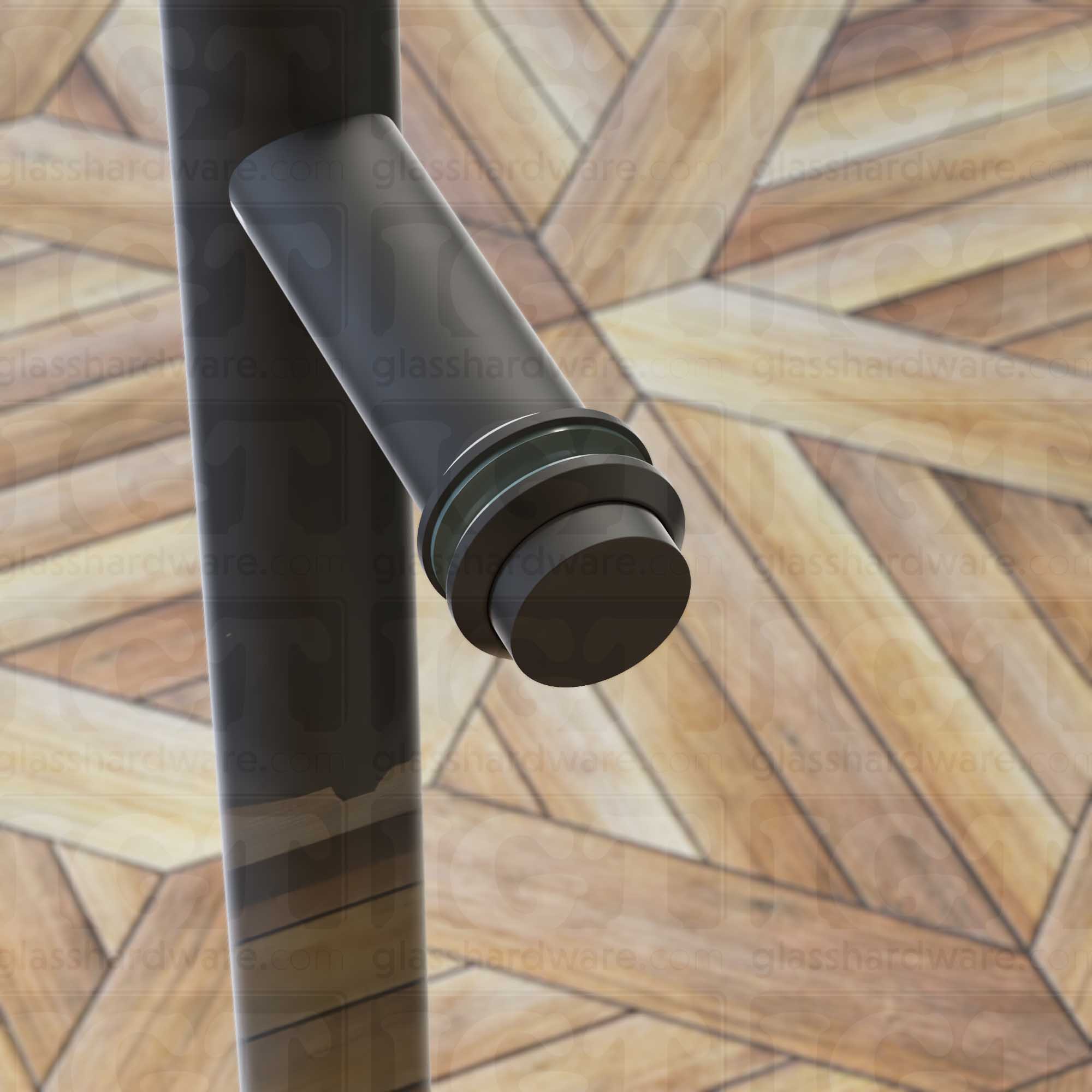 A close up of the Cap Fitting for Round Commercial Ladder Handle installed on a wine storage glass door, showcasing it's 304 Stainless Steel construction. Matte Black.