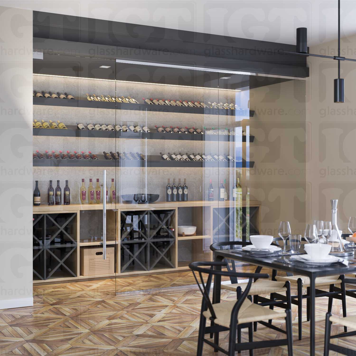 A wine storage room enclosed by a glass door partition with a ladder style handle. Polished Stainless.
