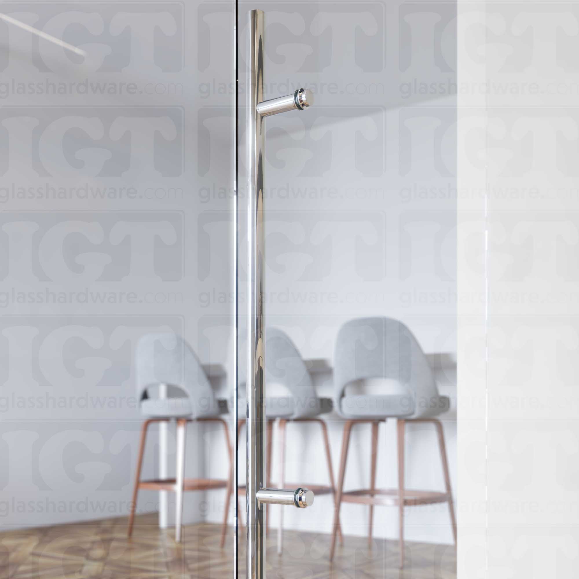 A close up of the Round Commercial Ladder Handle installed using two Cap Fittings on a wine storage glass door. Polished Stainless.