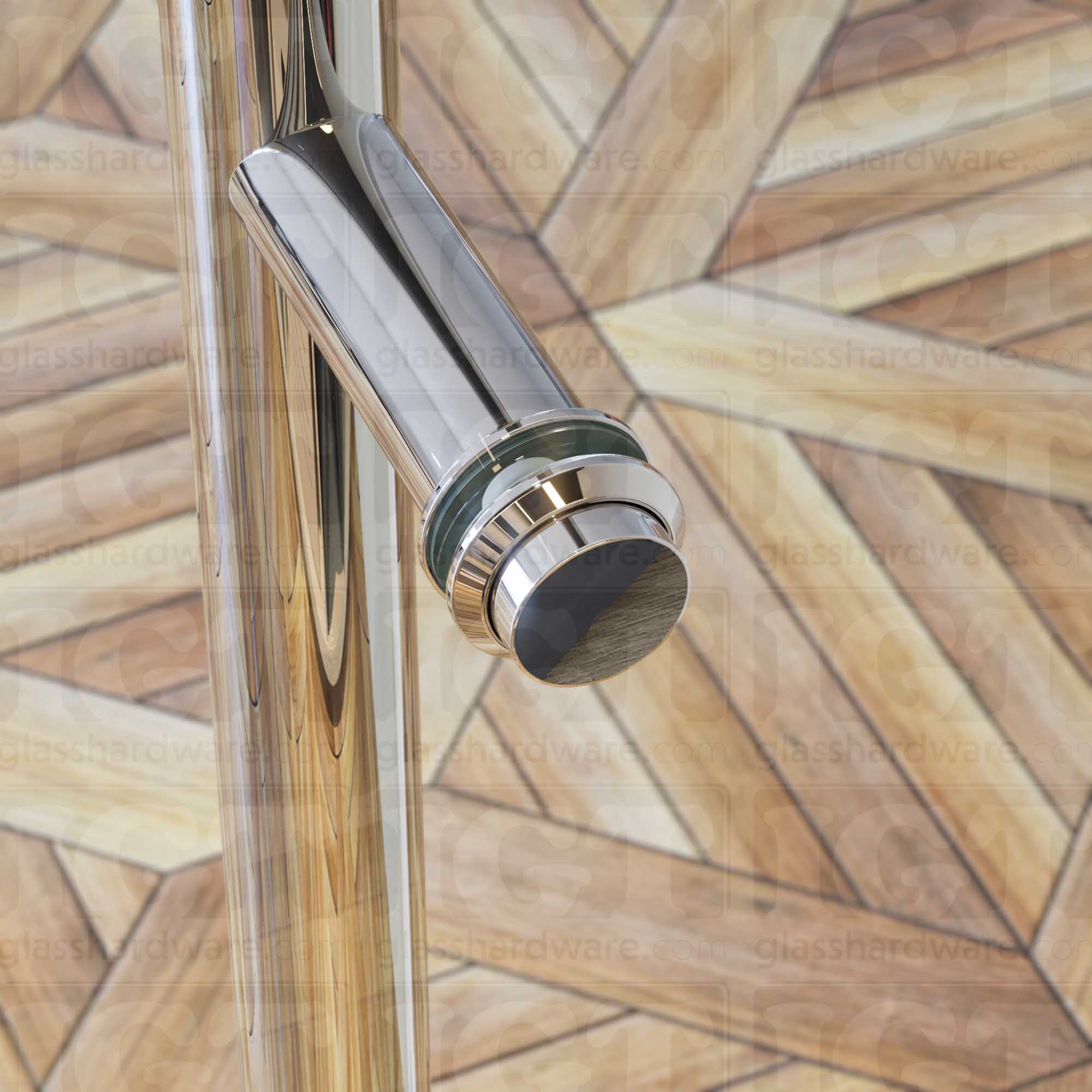 A close up of the Cap Fitting for Round Commercial Ladder Handle installed on a wine storage glass door, showcasing it's 304 Stainless Steel construction. Polished Stainless.