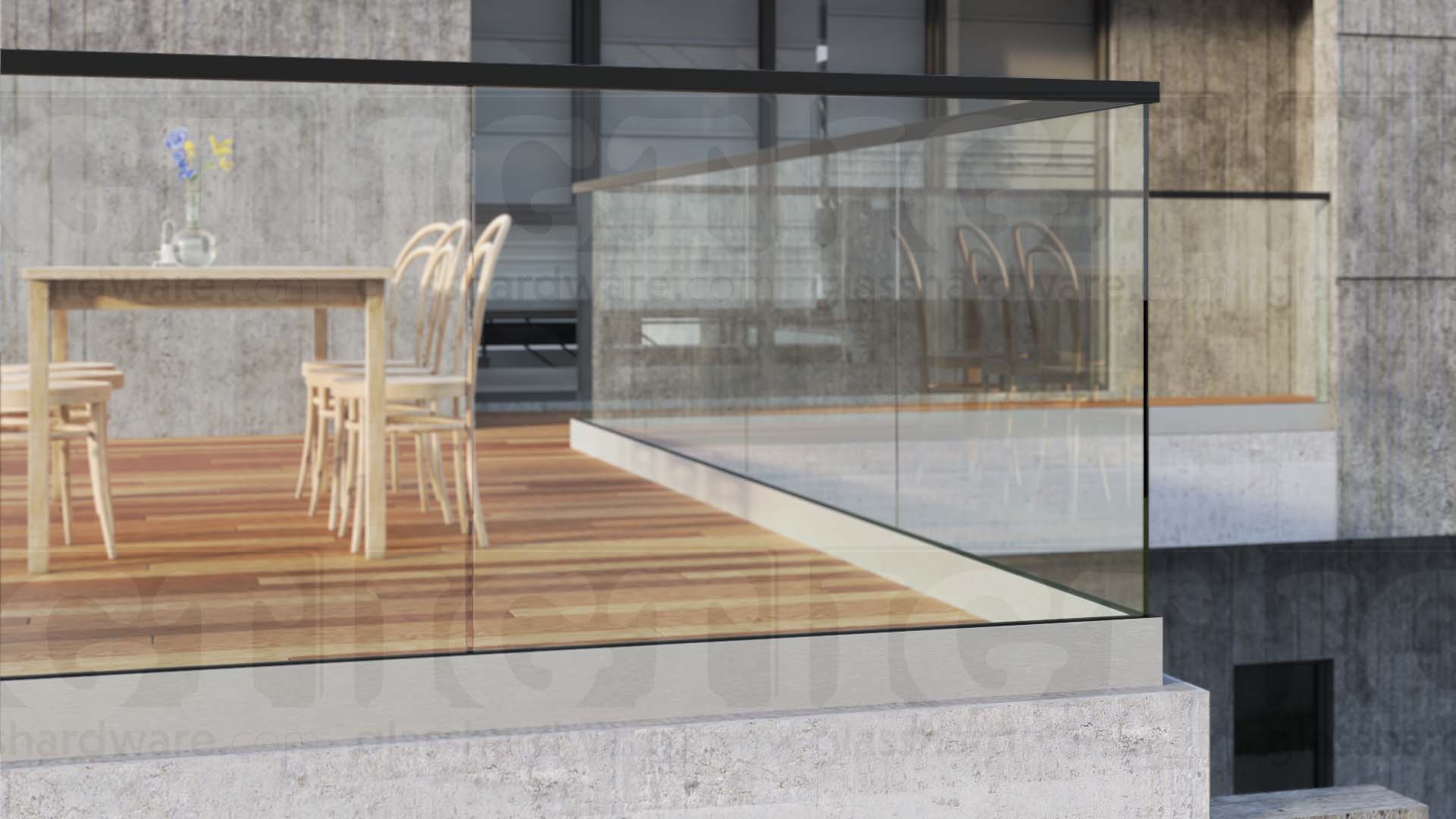 A side view of the 220" Square Cap Rail installed on a terrace railing system. Matte Black.