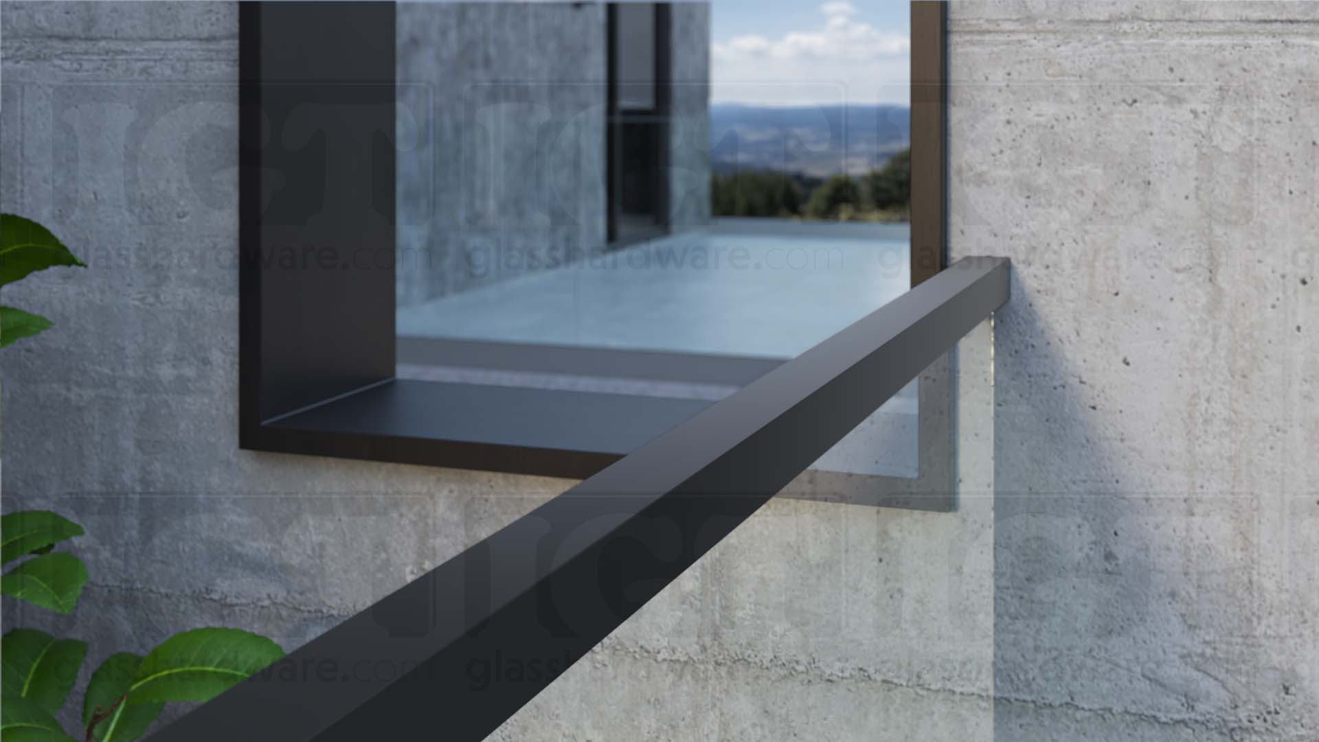 A close-up view of the 220" Square Cap Rail installed on a terrace railing system. Matte Black.