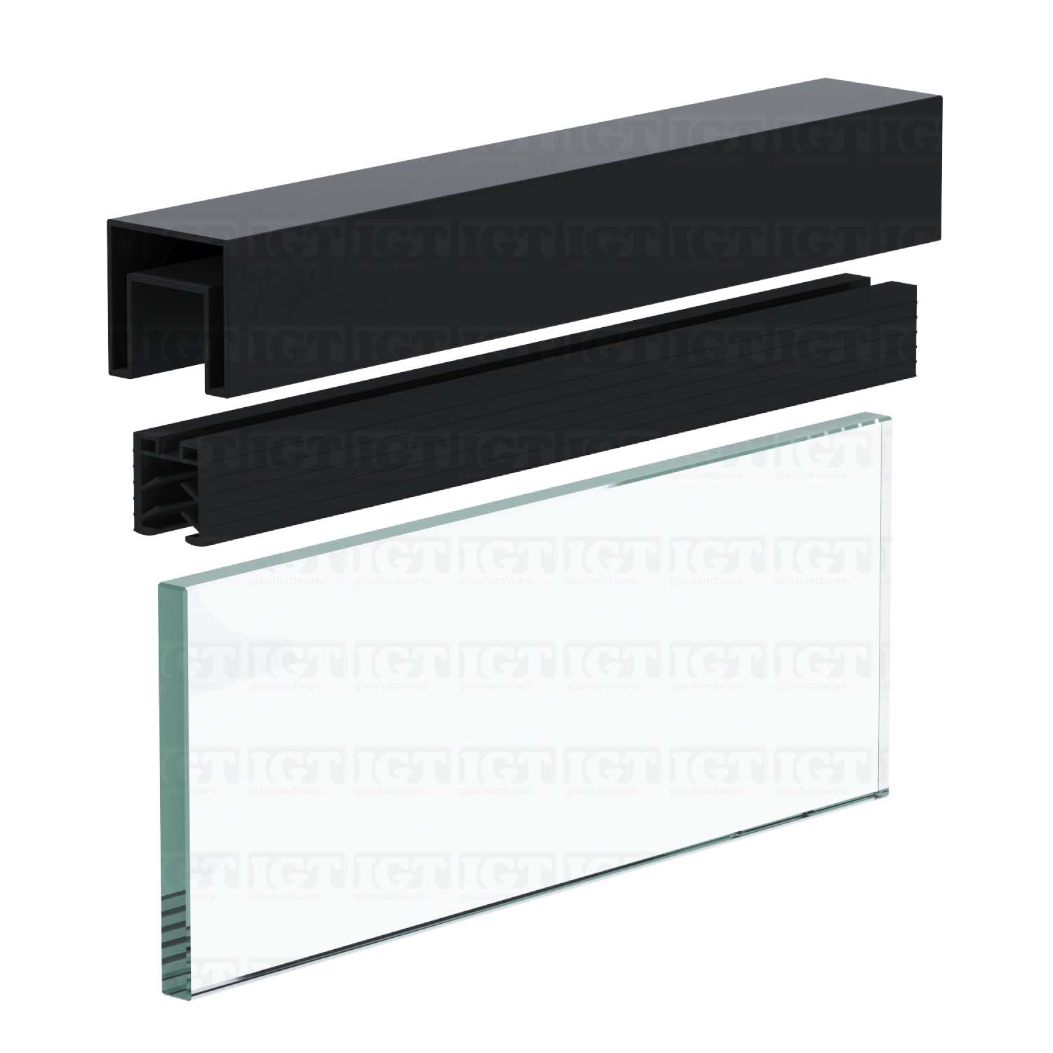 An image of the 220" Square Cap Rail being installed on a glass panel using the 20' Cap Rail Gasket. Matte Black.