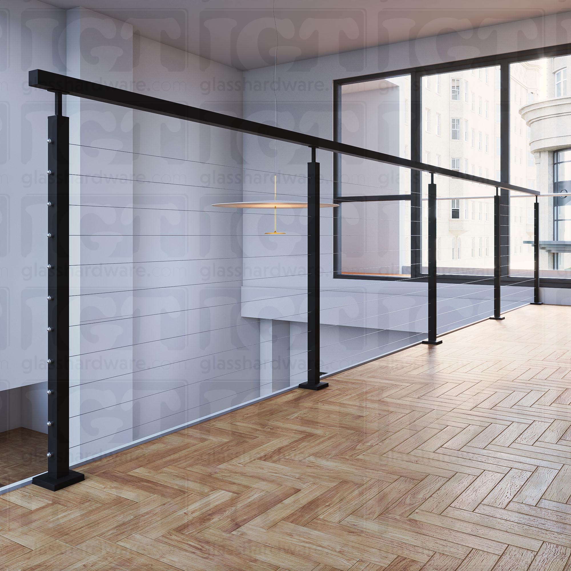 The 120" Square Handrail installed on a wire railing system, Matte Black.