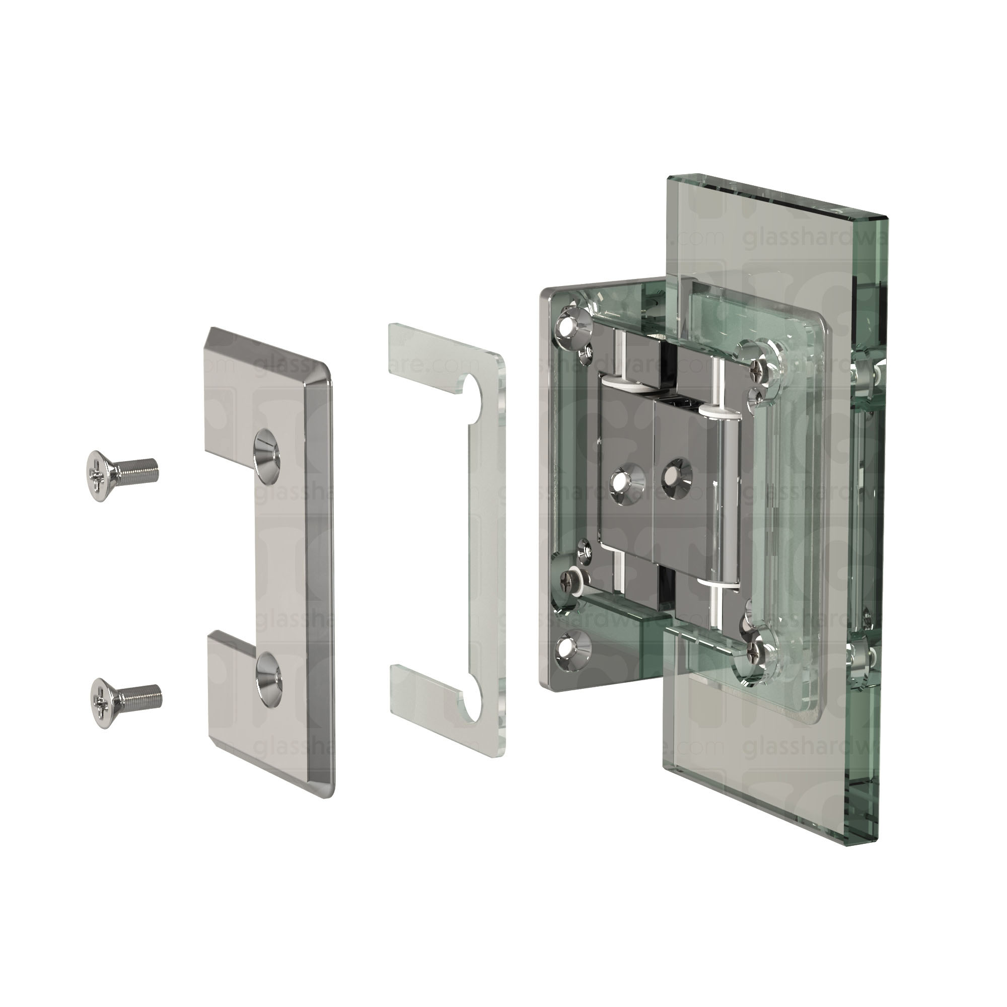 An exploded view of a Heavy Duty Wall-to-Glass Offset Back Bilboa Hinge assembly. The image shows the hinge's plates, clear gaskets, and screws being fitted onto a glass planel. Chrome Polished.