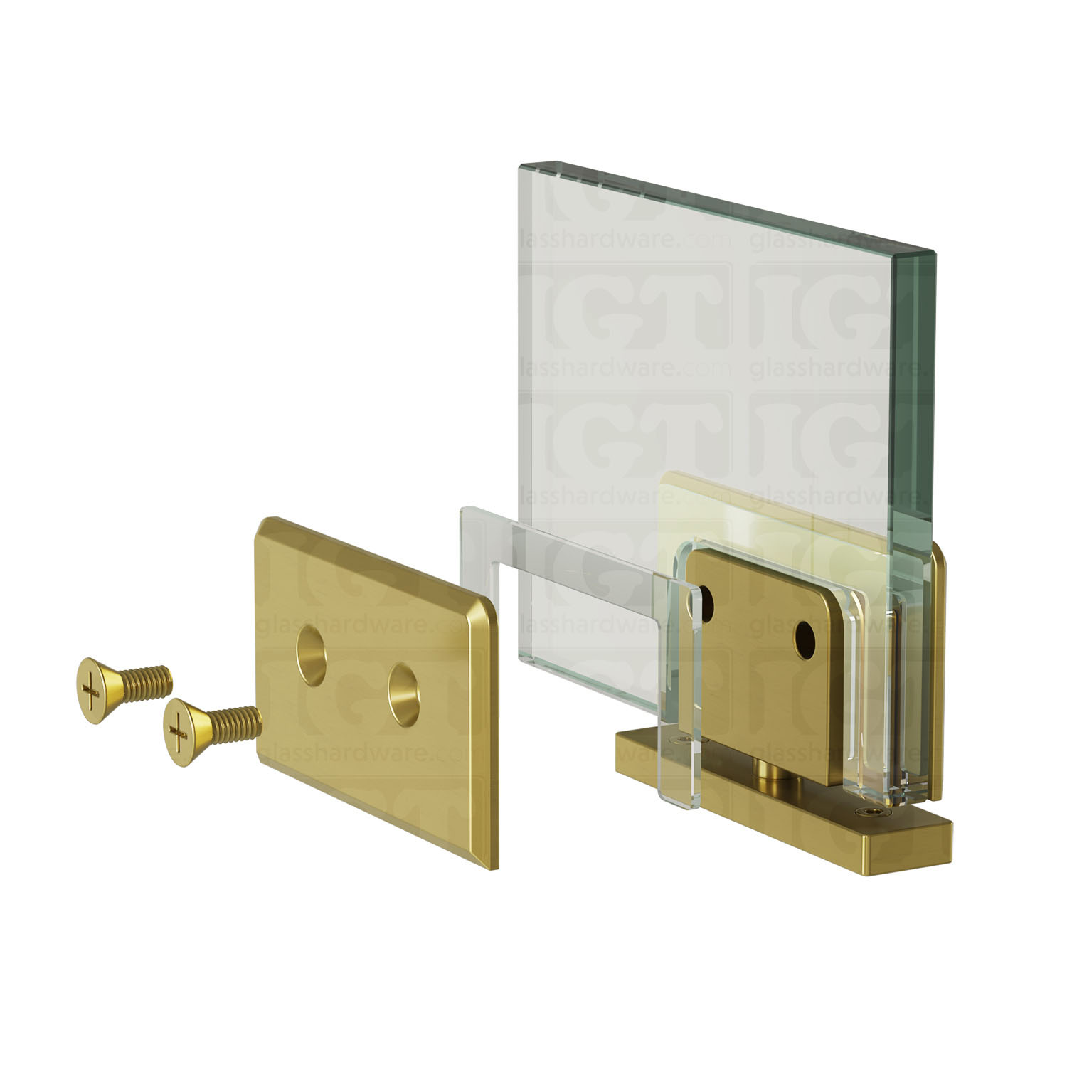 Exploded view of a Top and Bottom Bilboa Pivot Hinge assembly, showing its individual components. The image shows the hinge being securely attached to the glass. Gold Brushed.