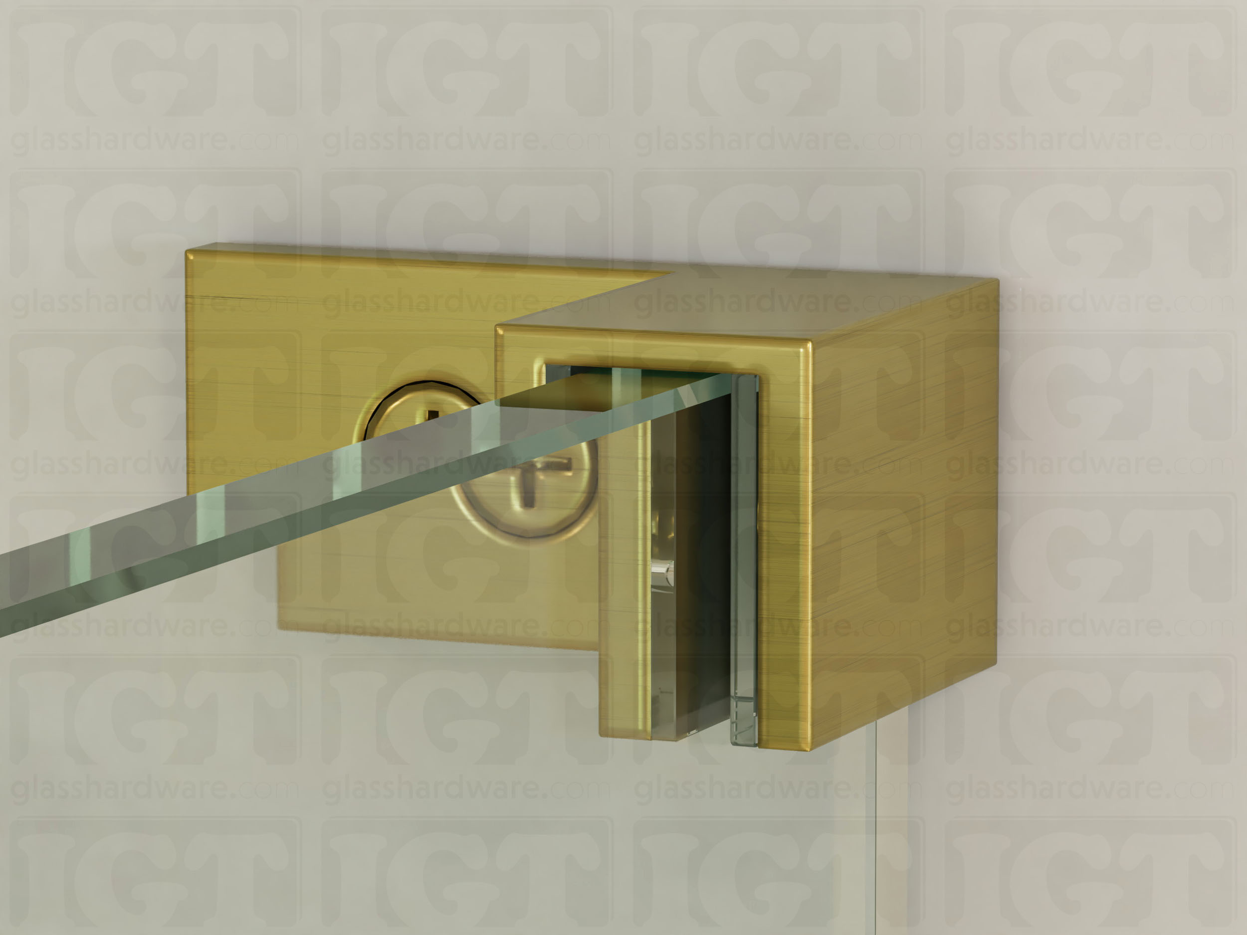 A close up of the Right Wall-to-Glass Sleeve Over Clamp mounted onto the glass panel. The glass is fitted securely into the clamps Solid Brass frame. Gold Brushed.