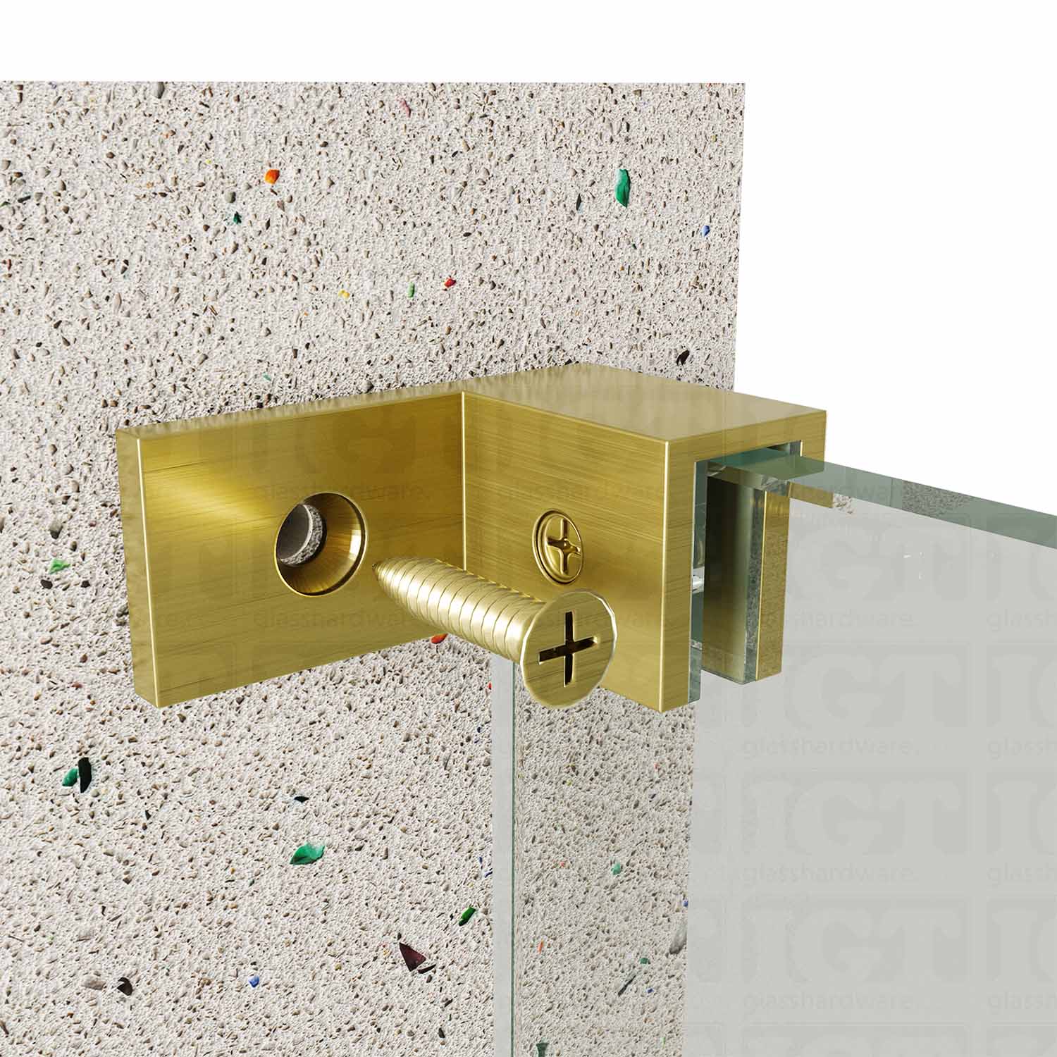 A close up of the Right Wall-to-Glass Sleeve Over Clamp being mounted onto a wall. The image shows a screw being inserted into the clamp's mounting hole. Gold Brushed.