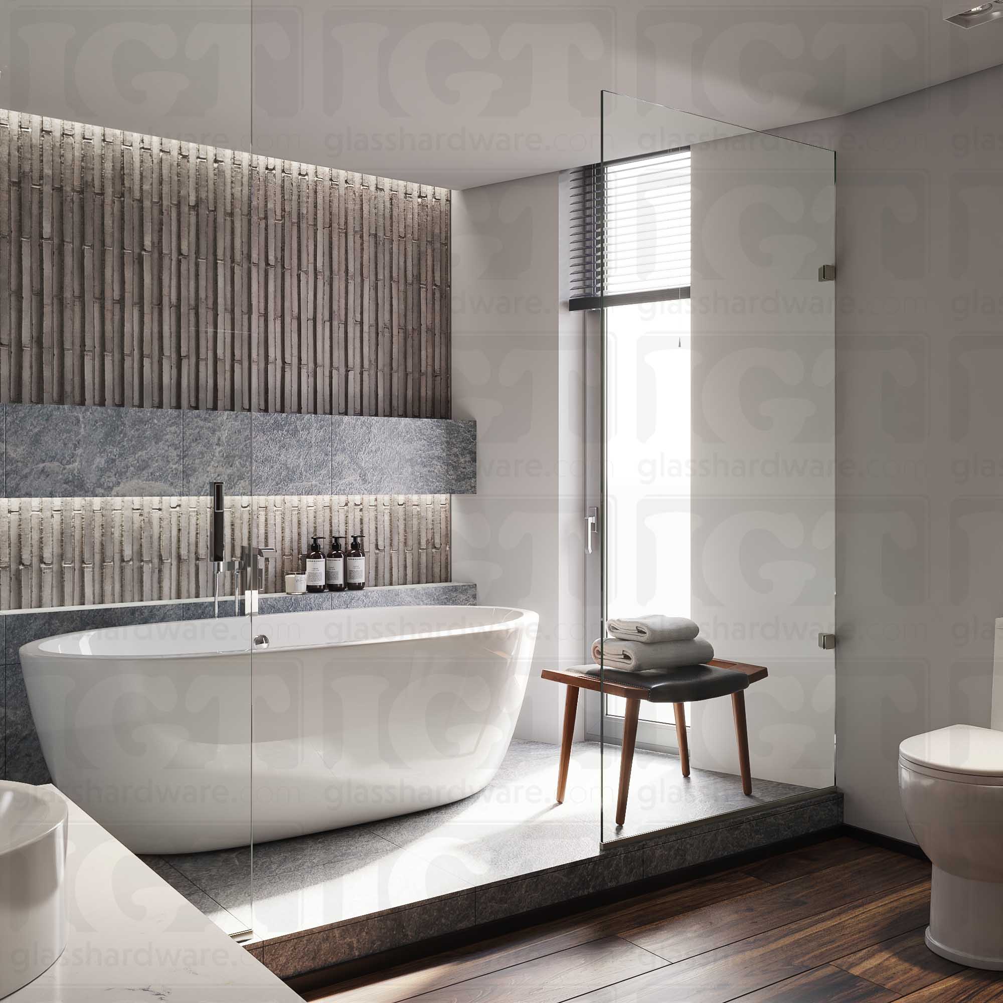 A modern bathroom with a glass walk-in shower enclosure. The glass panels are fixed to the wall using various Glass-to-Glass Adjustable Clamps in the wall mount configuration Brushed Nickel.