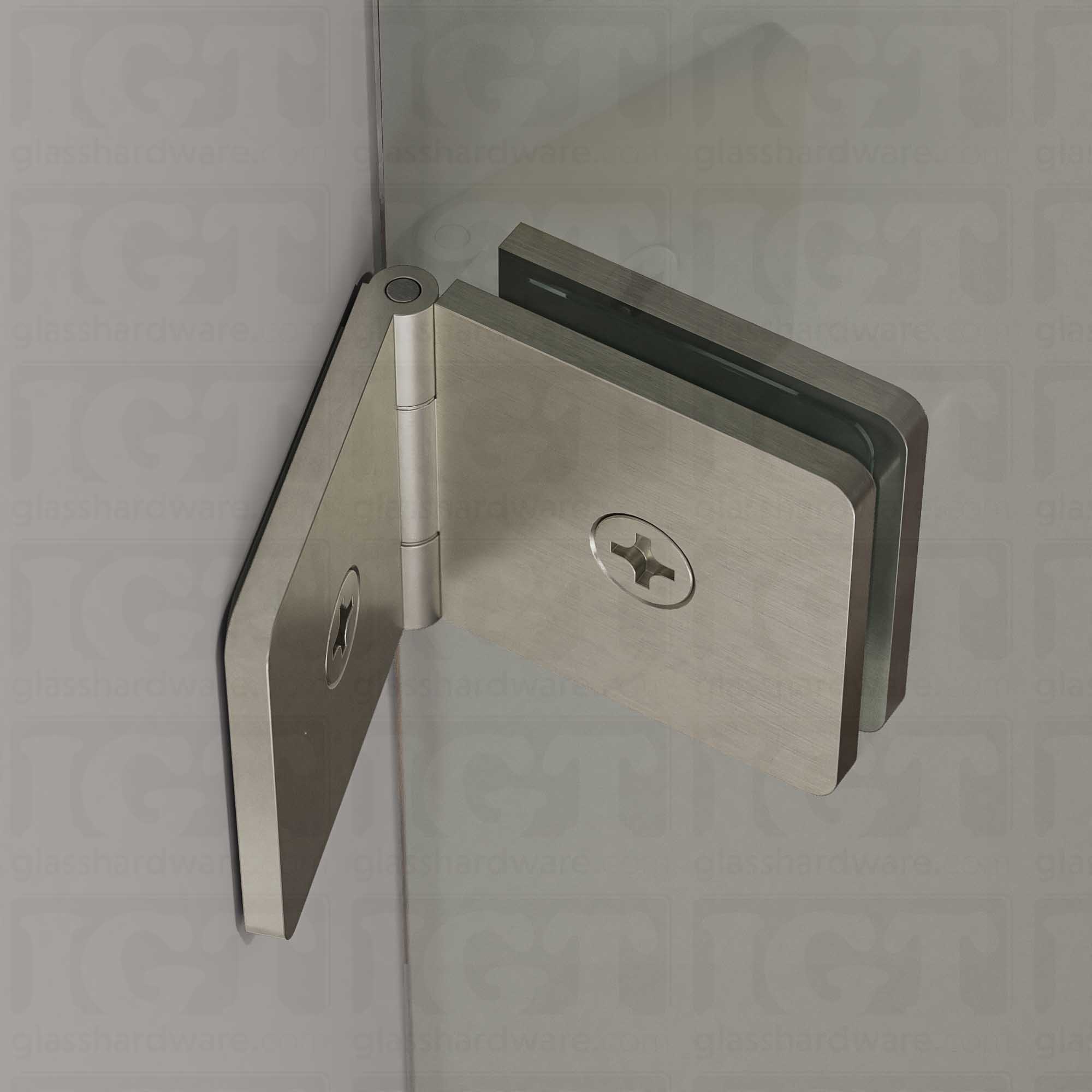 A close up of the Glass-to-Glass Adjustable Clamp mounted to the wall. The clamp is securely holding the shower's glass panel in place. Brushed Nickel.