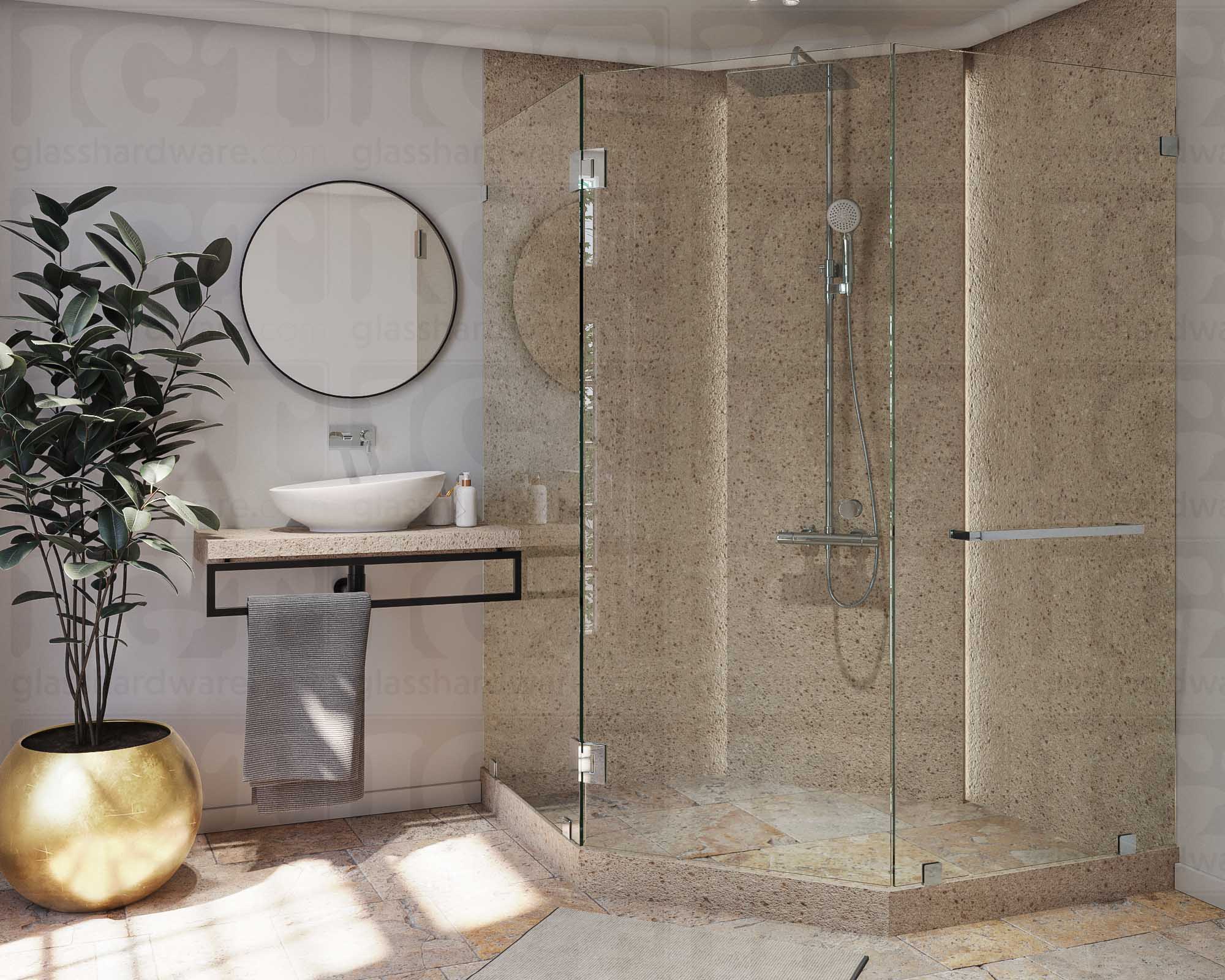 A modern bathroom with a frameless glass shower enclosure featuring the Traditional Style Back-to-Back Door Knob in Chrome Polished.
