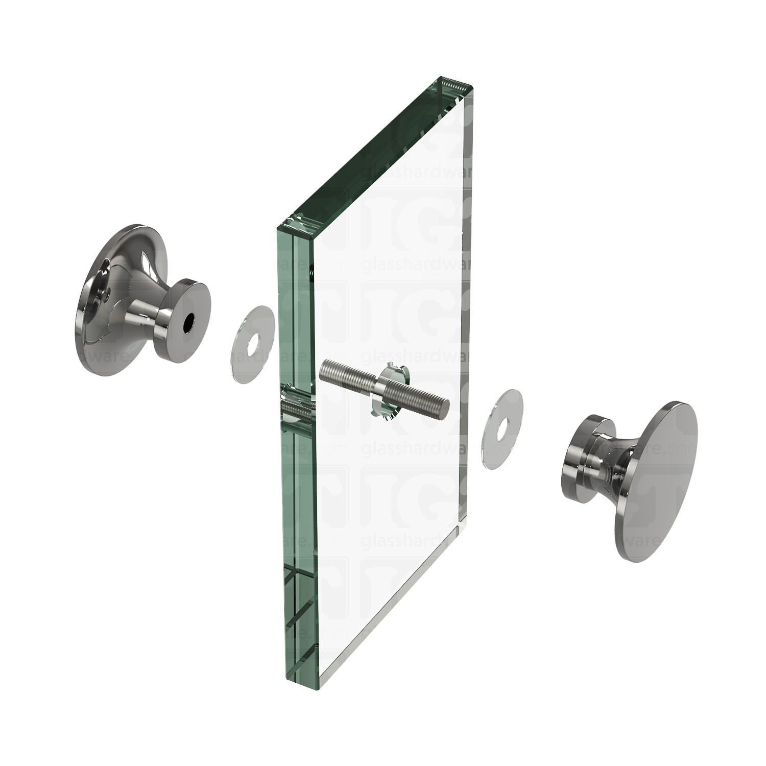 An exploded view of a Traditional Style Back-to-Back Door Knob assembly. The image shows its knobs, clear gaskets, and screw being fitted onto a glass panel. Chrome Polished.