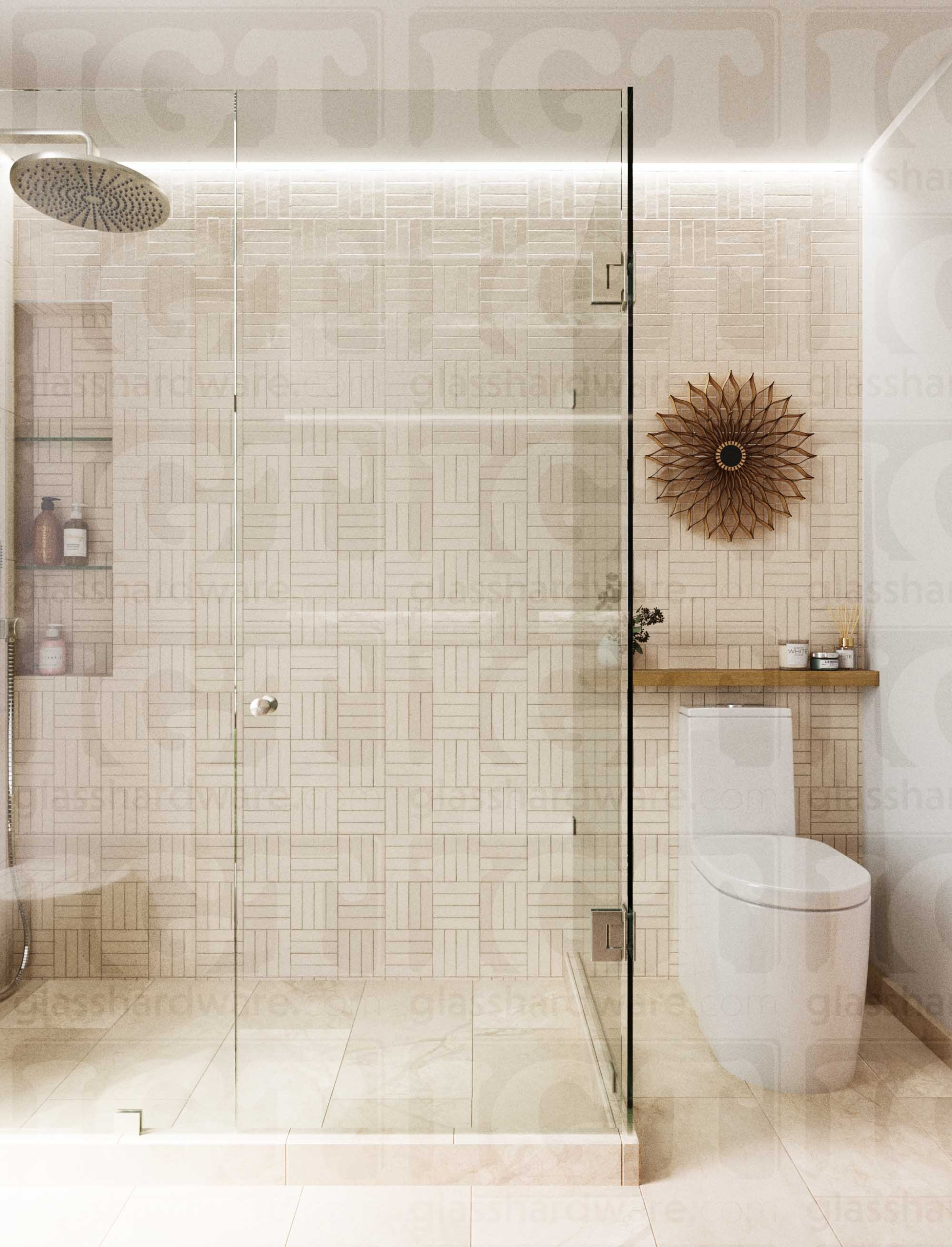 A modern bathroom with a frameless glass shower enclosure featuring the Junior Traditional Back-to-Back Door Knob in Brushed Nickel.