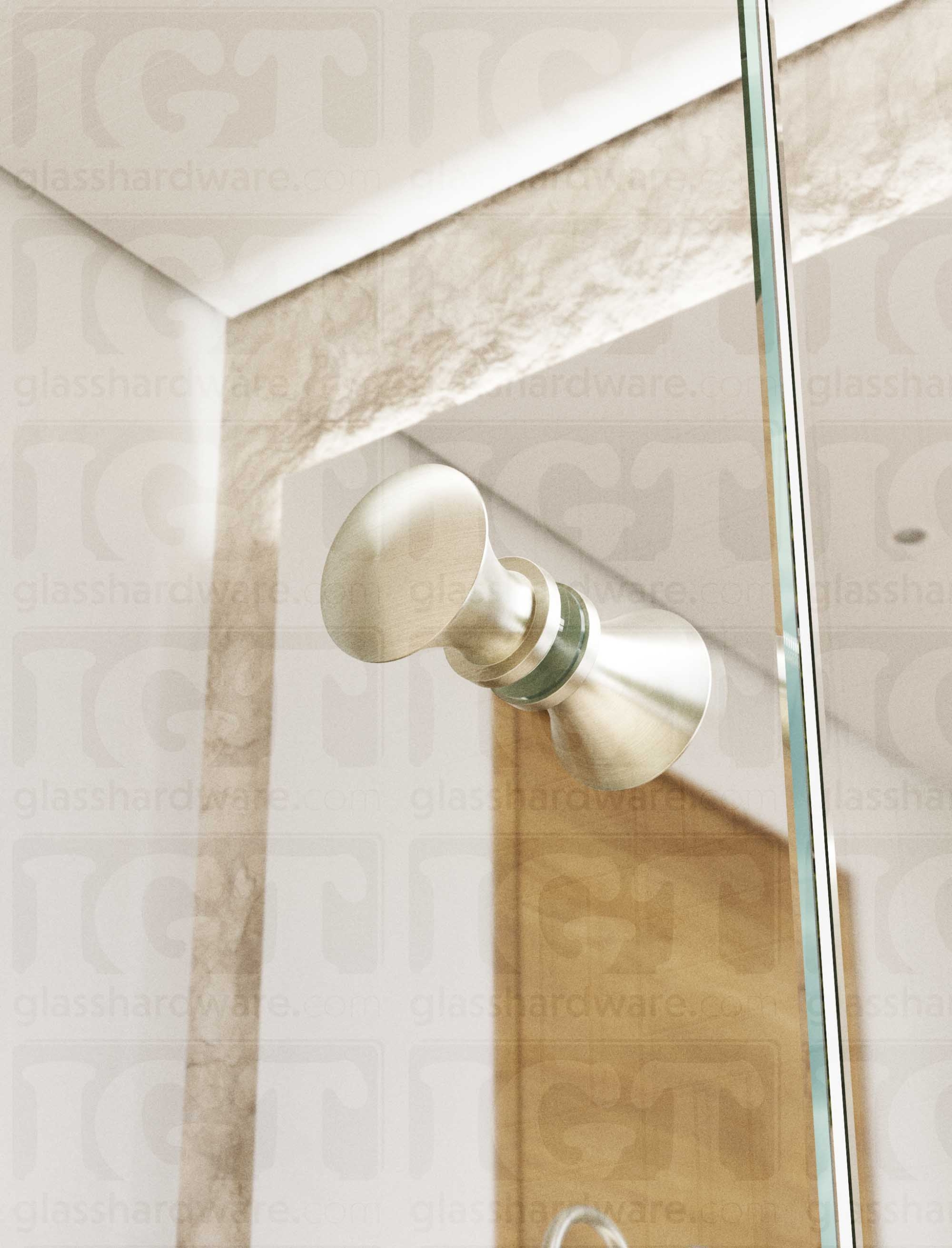 A close up from below of the Junior Traditional Back-to-Back Door Knob installed on a glass shower door. Soft natural light highlights the knob's Brushed Nickel finish.