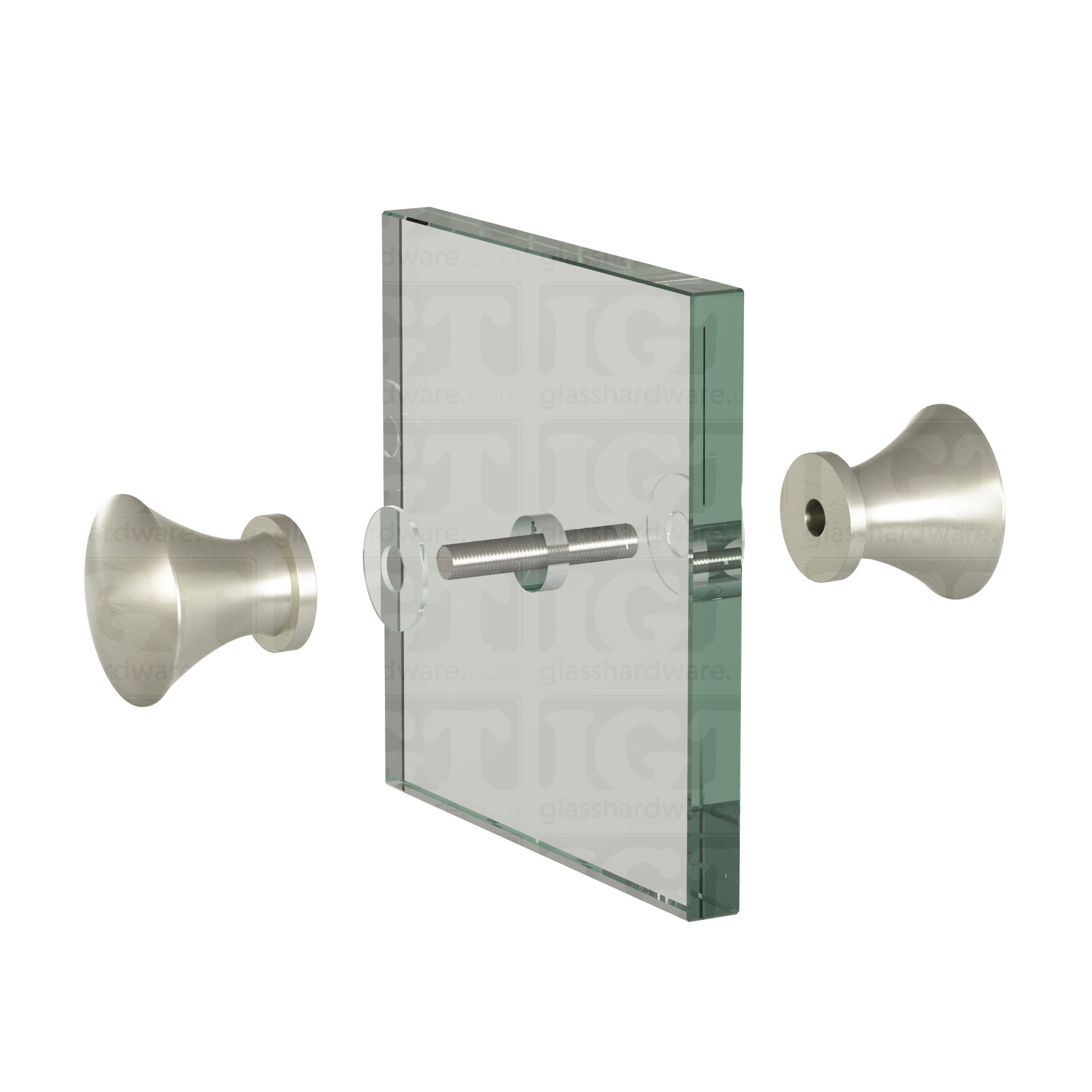 An exploded view of a Junior Traditional Back-to-Back Door Knob assembly. The image shows its knobs, clear gaskets, and screw being fitted onto a glass panel. Brushed Nickel.