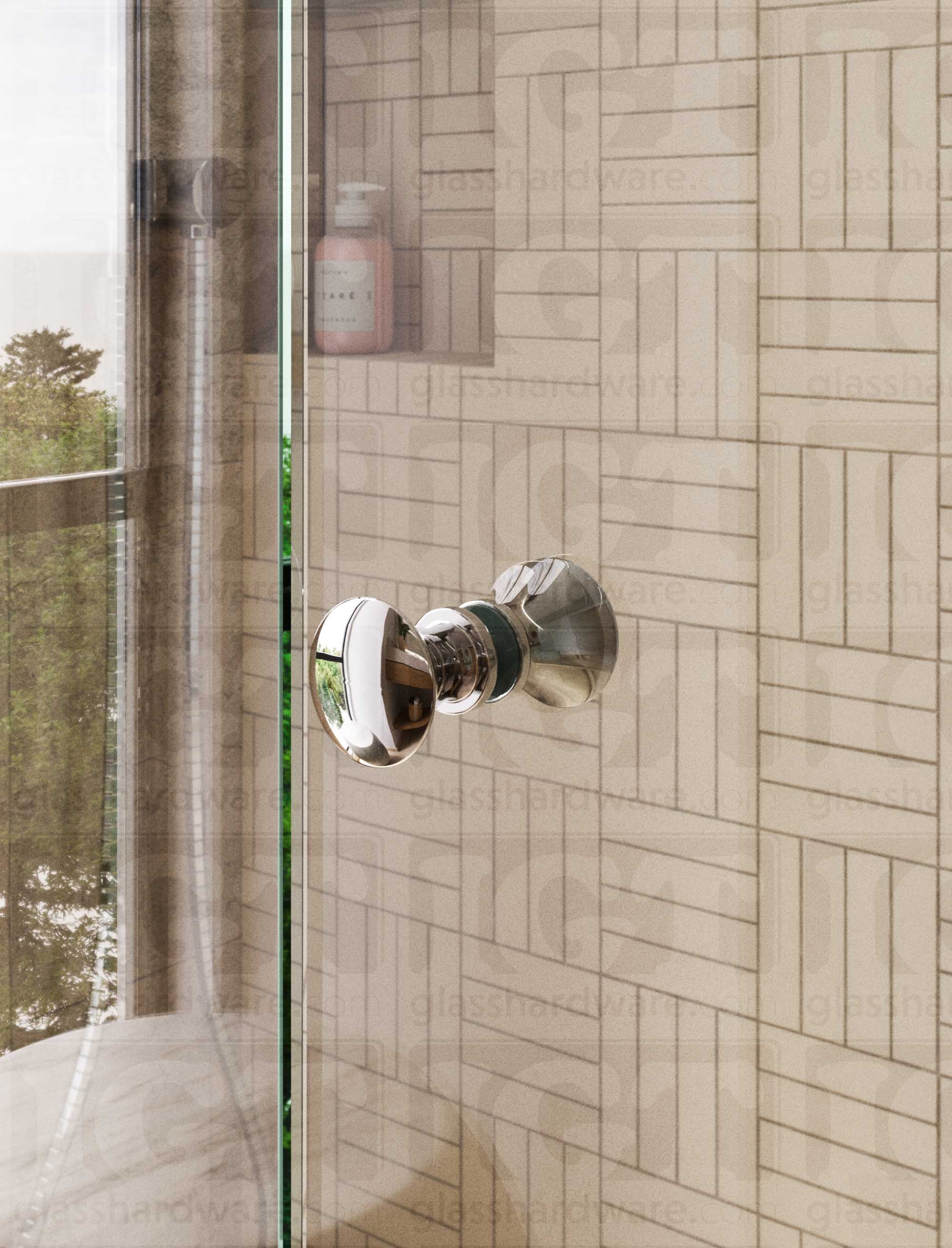 A close up of the Junior Traditional Back-to-Back Door Knob installed on a glass shower door. Chrome Polished.
