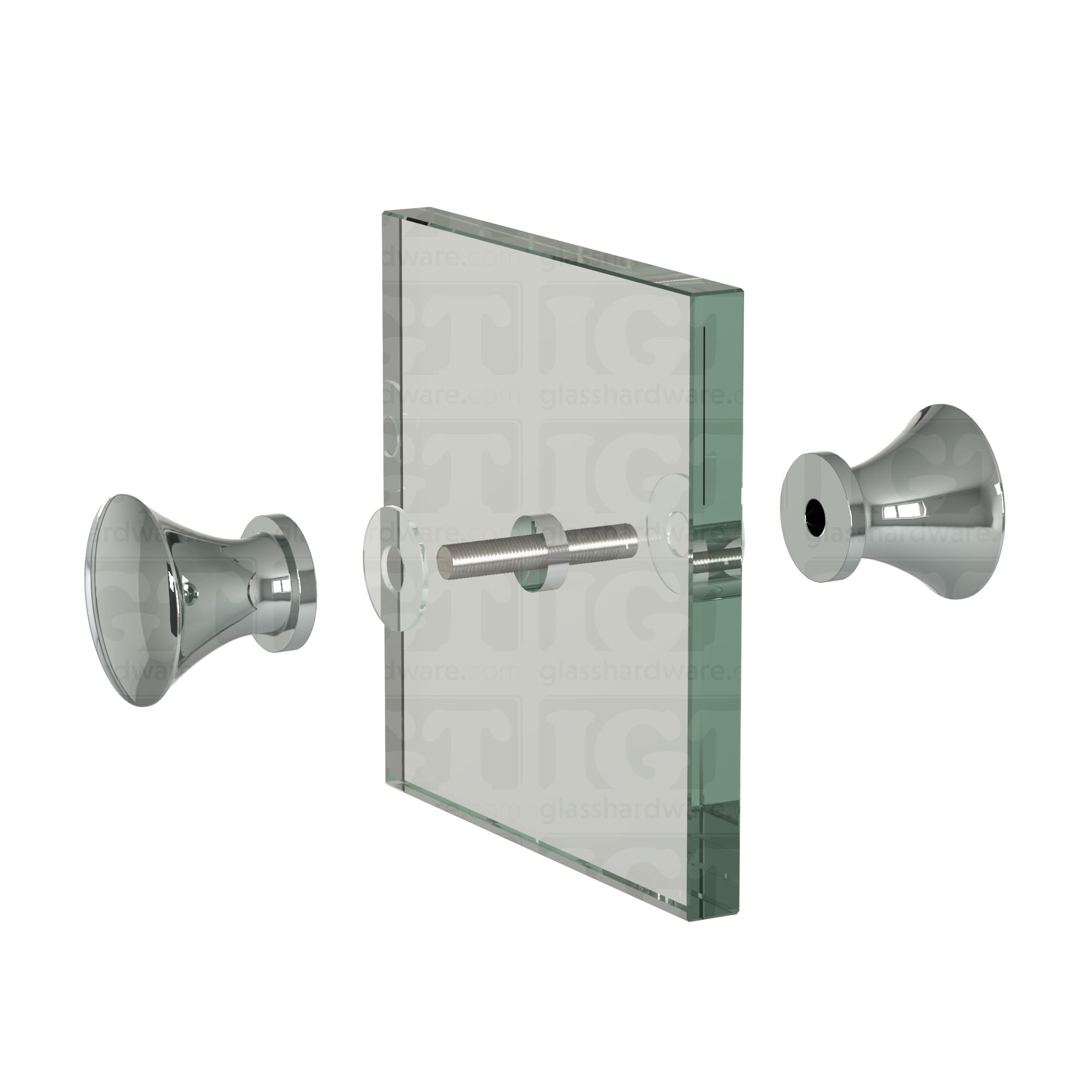 An exploded view of a Junior Traditional Back-to-Back Door Knob assembly. The image shows its knobs, clear gaskets, and screw being fitted onto a glass panel. Chrome Polished.