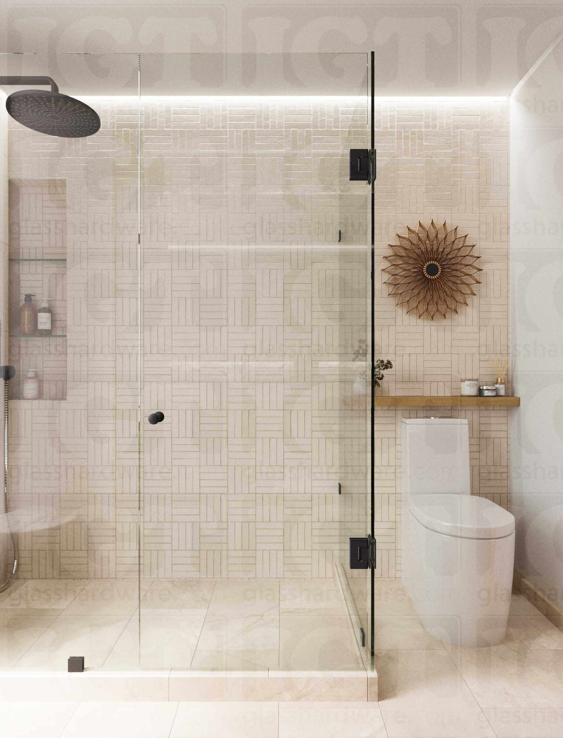 A modern bathroom with a frameless glass shower enclosure featuring the Junior Traditional Back-to-Back Door Knob in Matte Black.