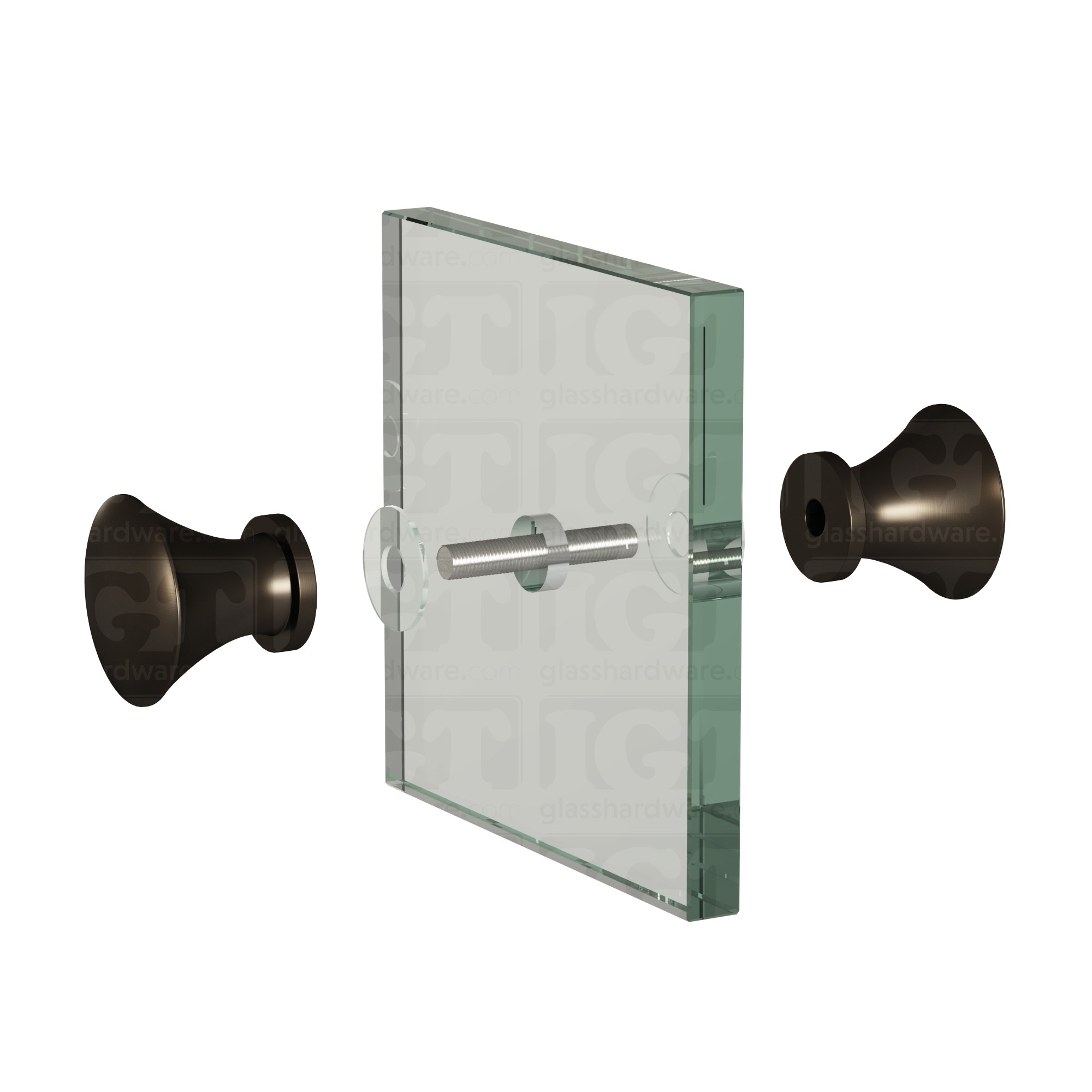 An exploded view of a Junior Traditional Back-to-Back Door Knob assembly. The image shows its knobs, clear gaskets, and screw being fitted onto a glass panel. Oil Rubbed Bronze.
