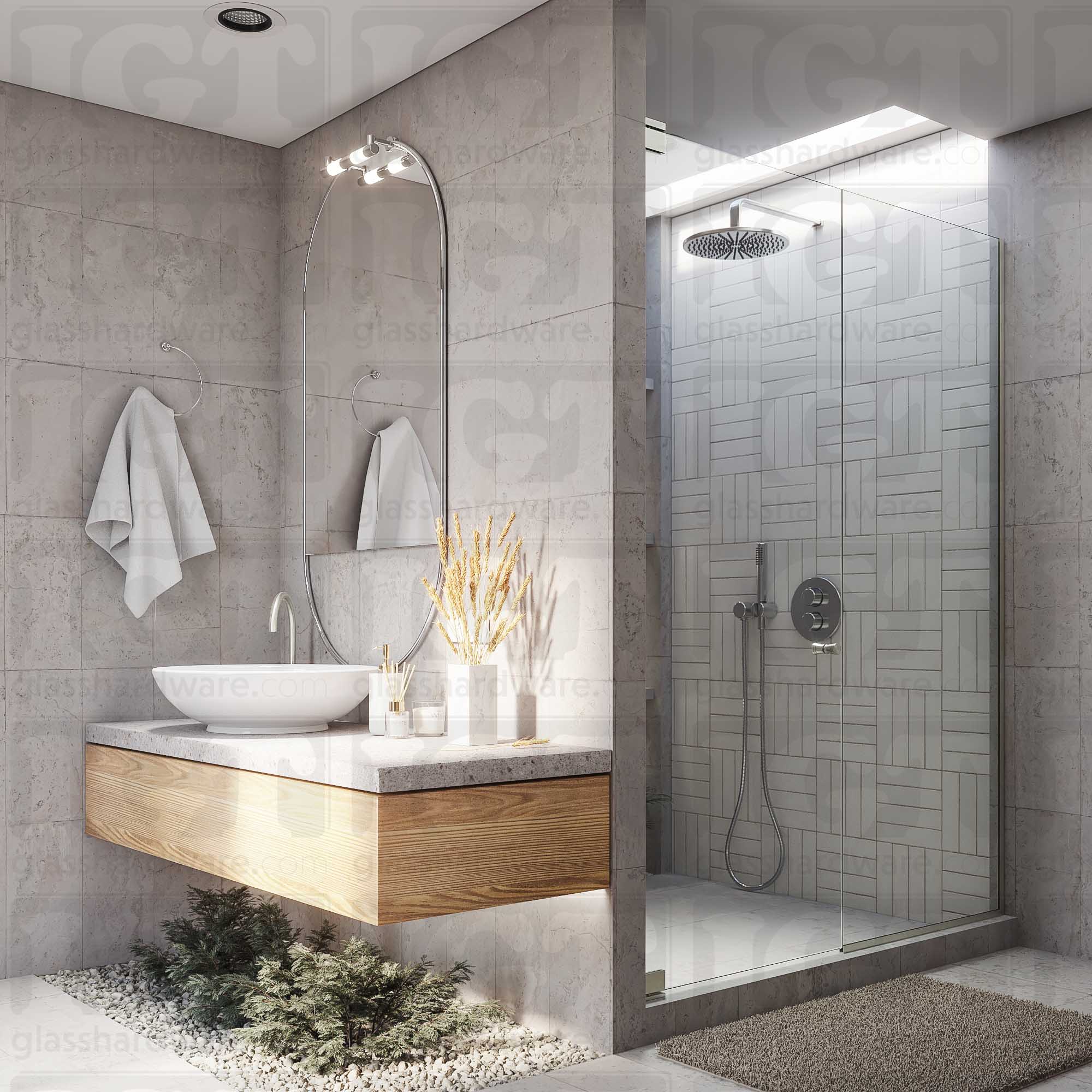 A modern bathroom with a frameless glass shower door featuring the Modern Ribbed Bow Tie Back-to-Back Door Knob in Brushed Nickel.