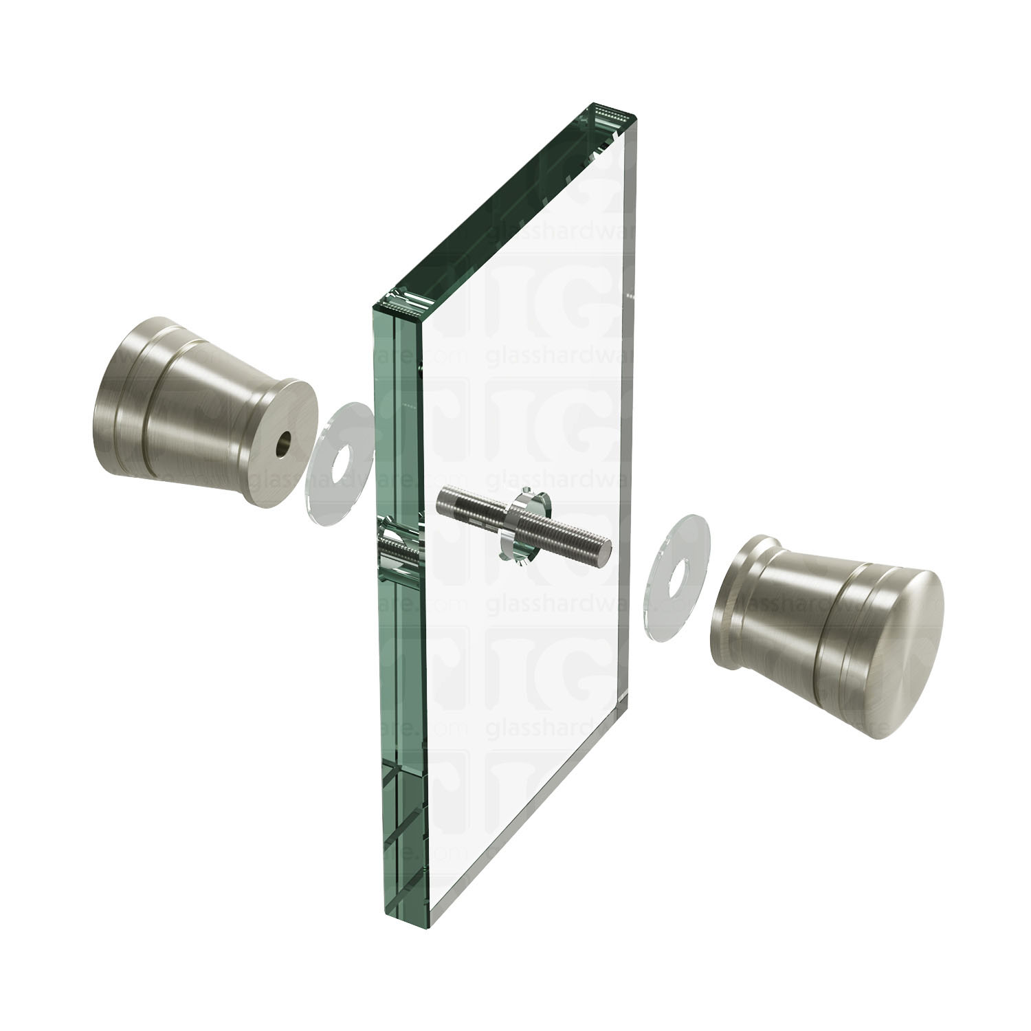 An exploded view of a Modern Ribbed Bow Tie Back-to-Back Door Knob assembly. The image shows its knobs, clear gaskets, and screw being fitted onto a glass panel. Brushed Nickel.